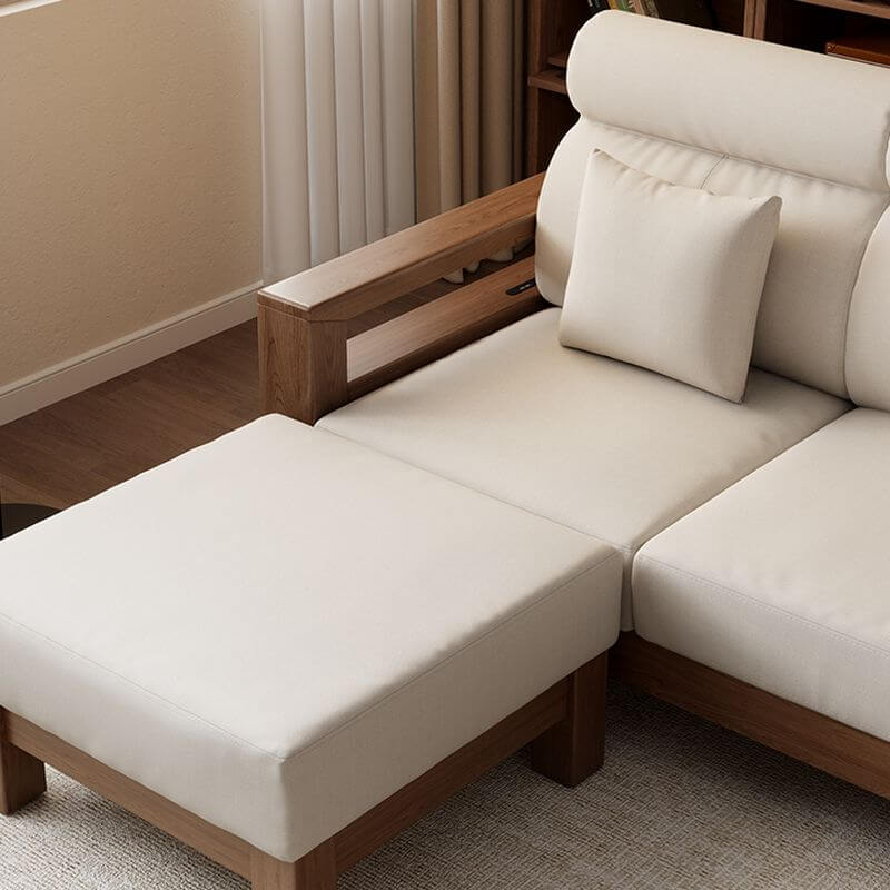 Minimalist Modern 4-Seater Sofa Couch with Square Arm, Storage Ottoman & 2 Pillows - Dark Grey/Cream - Perfect for Living Room, Lounge & Small Spaces
