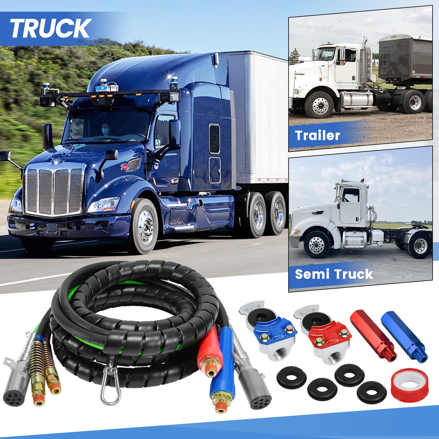 12Ft Semi Truck Air Line Kit - 3 in 1 Wrap Air Power Line with Glad Hand, Handles & Seals | Heavy Duty Air Hose for Semi Truck, Trailer & Tractor (TR813215) | Perfect for Long Haul Trucking & Trailer Maintenance