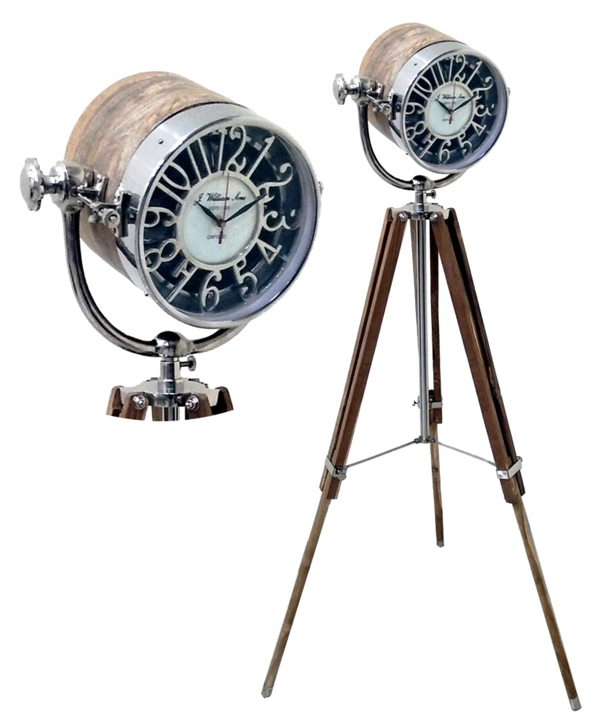Vintage Nautical Wooden Spot Light Model Clock Tripod Stand - THOR INSTRUMENTS | Decorative Antique-Style Desk Clock for Home, Office & Boat Decor