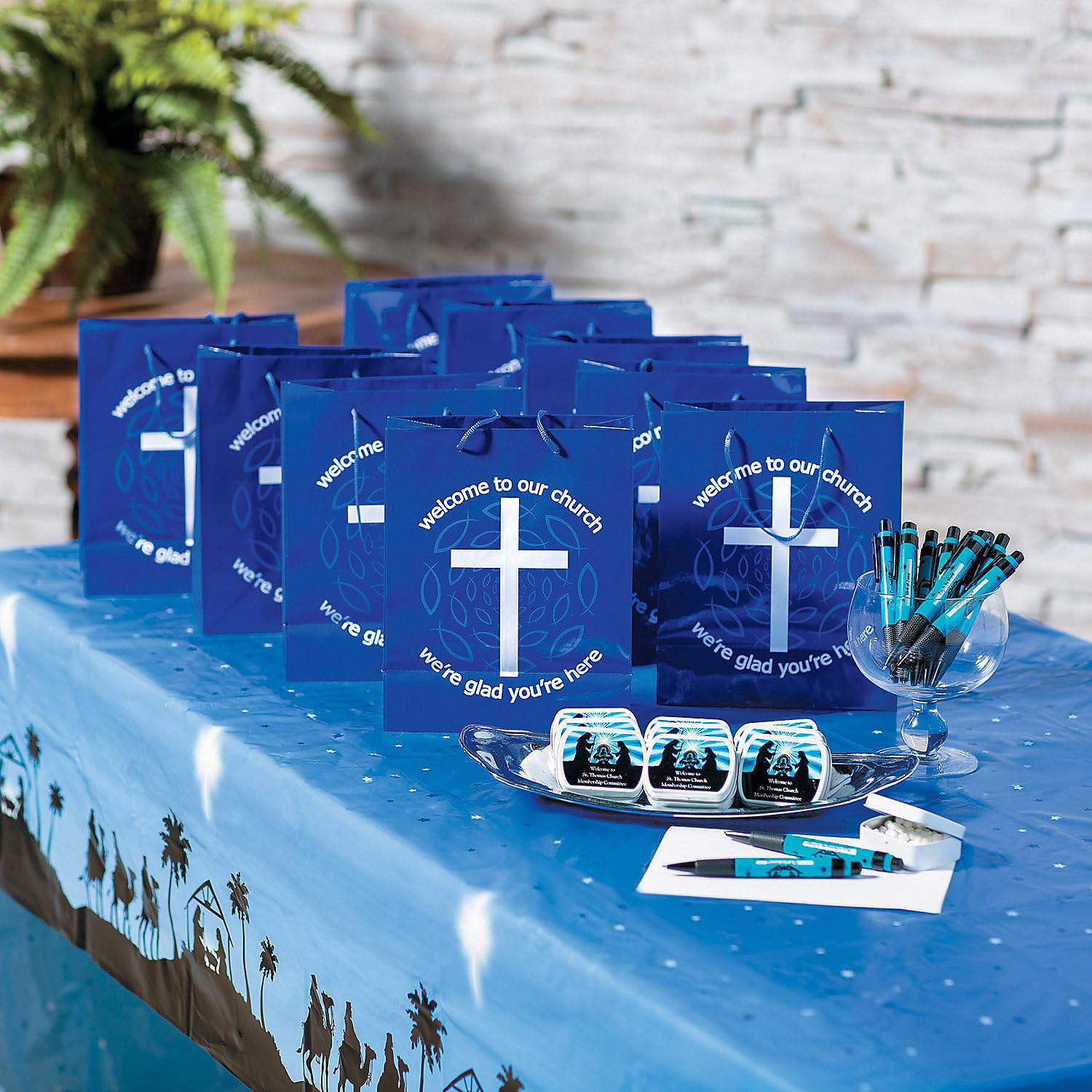 Blue Welcome To Our Church Gift Bags - Set of 12 Religious Party Favors for Baptism, First Communion & Church Events - Bulk Church Supplies for Sunday School & Christian Celebrations