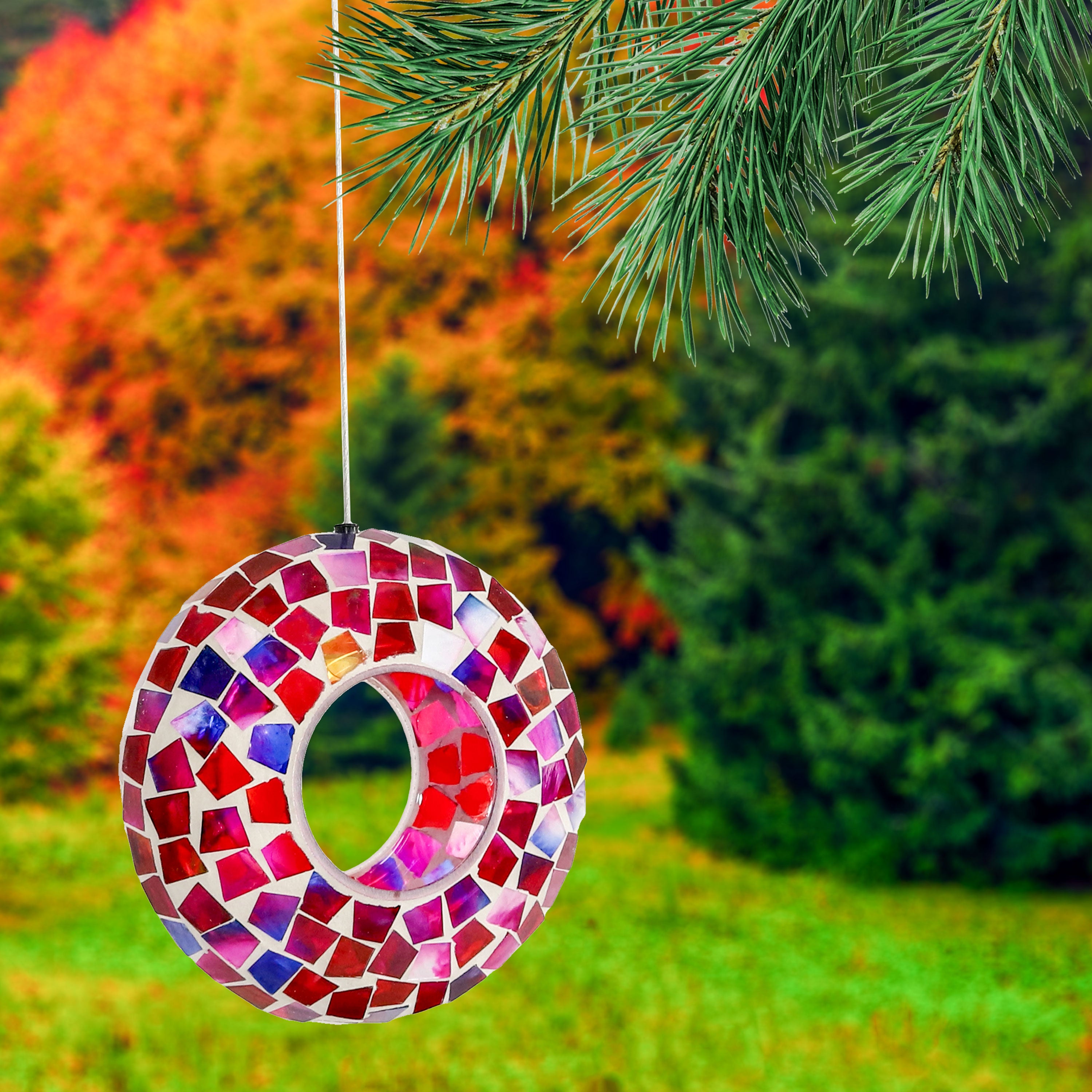Sunnydaze Mosaic Fly Through Hanging Bird Feeder - 6 Inch Decorative Garden Bird Feeder for Outdoor Use, Attracts Wild Birds to Your Backyard or Patio