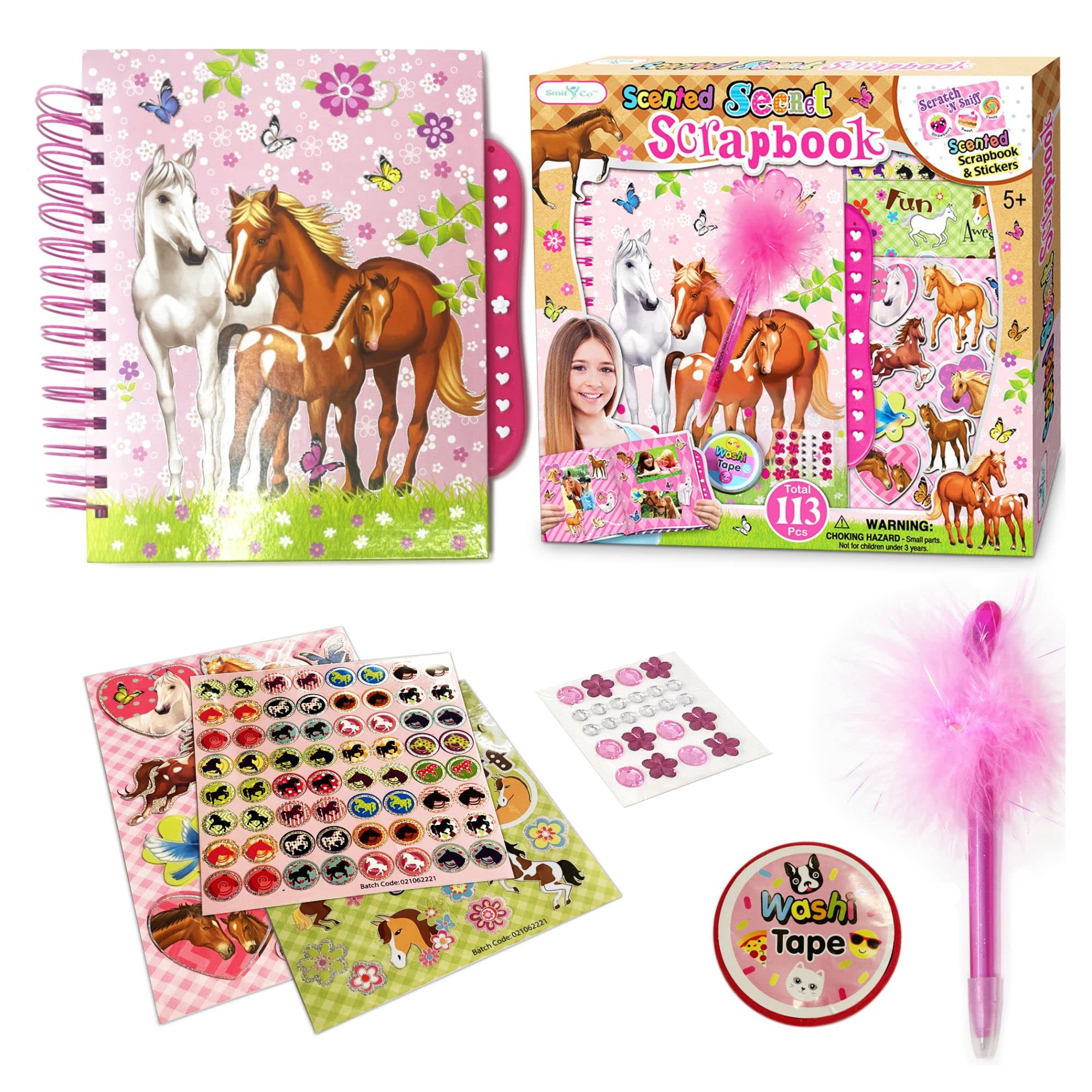 Equestrian Scrapbook Kit for Girls - 114 Piece DIY Horse Scrapbooking Supplies with Stickers, Jewels & Washi Tape | Perfect Gift for Little Girls & Tweens | Great for Birthday Parties, Craft Projects & Memory Keeping
