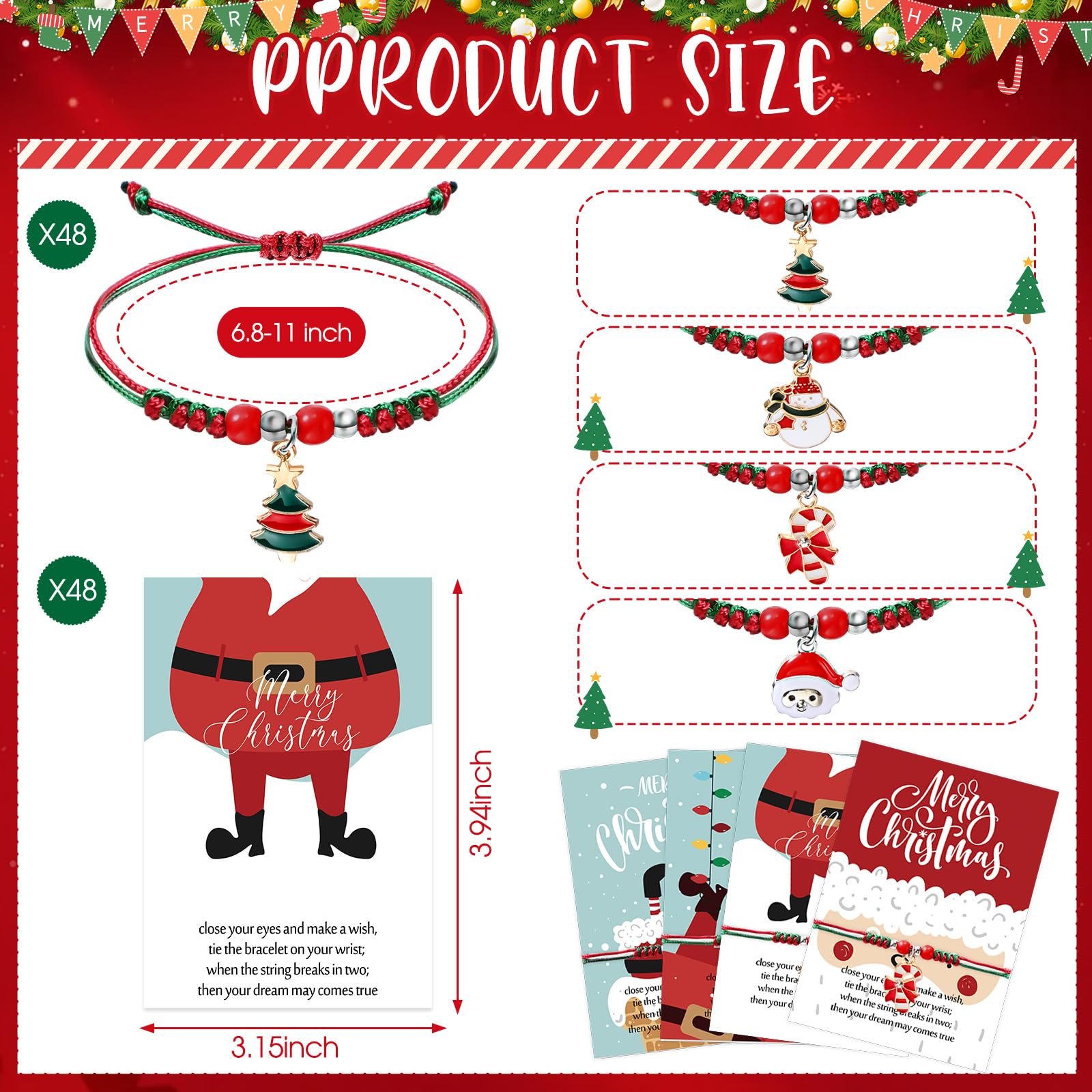 48 Pcs Christmas Bracelet Bulk Pack - Adjustable Xmas Tree, Santa, Snowman & Candy Cane Holiday Bracelets with Merry Christmas Wish Cards - Perfect for Students, Classroom Gifts, Holiday Parties & Christmas Favors (Great for School Supplies, Office Celebrations & Festive Gift Exchanges)