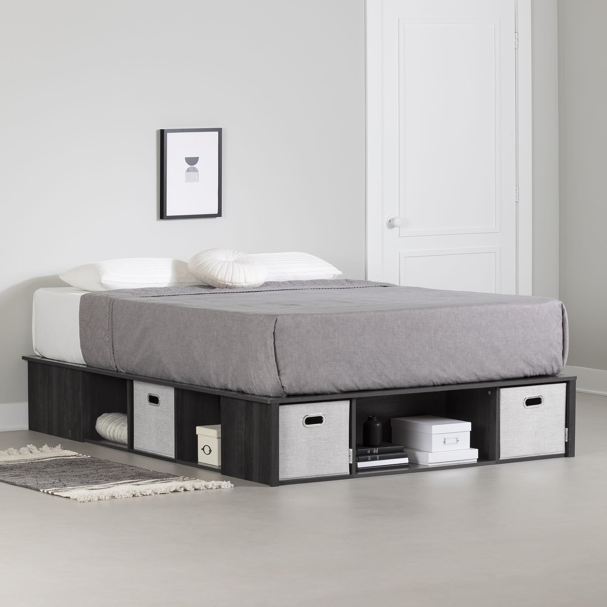 Gray Oak Queen Platform Bed with Storage Baskets for Small Spaces
