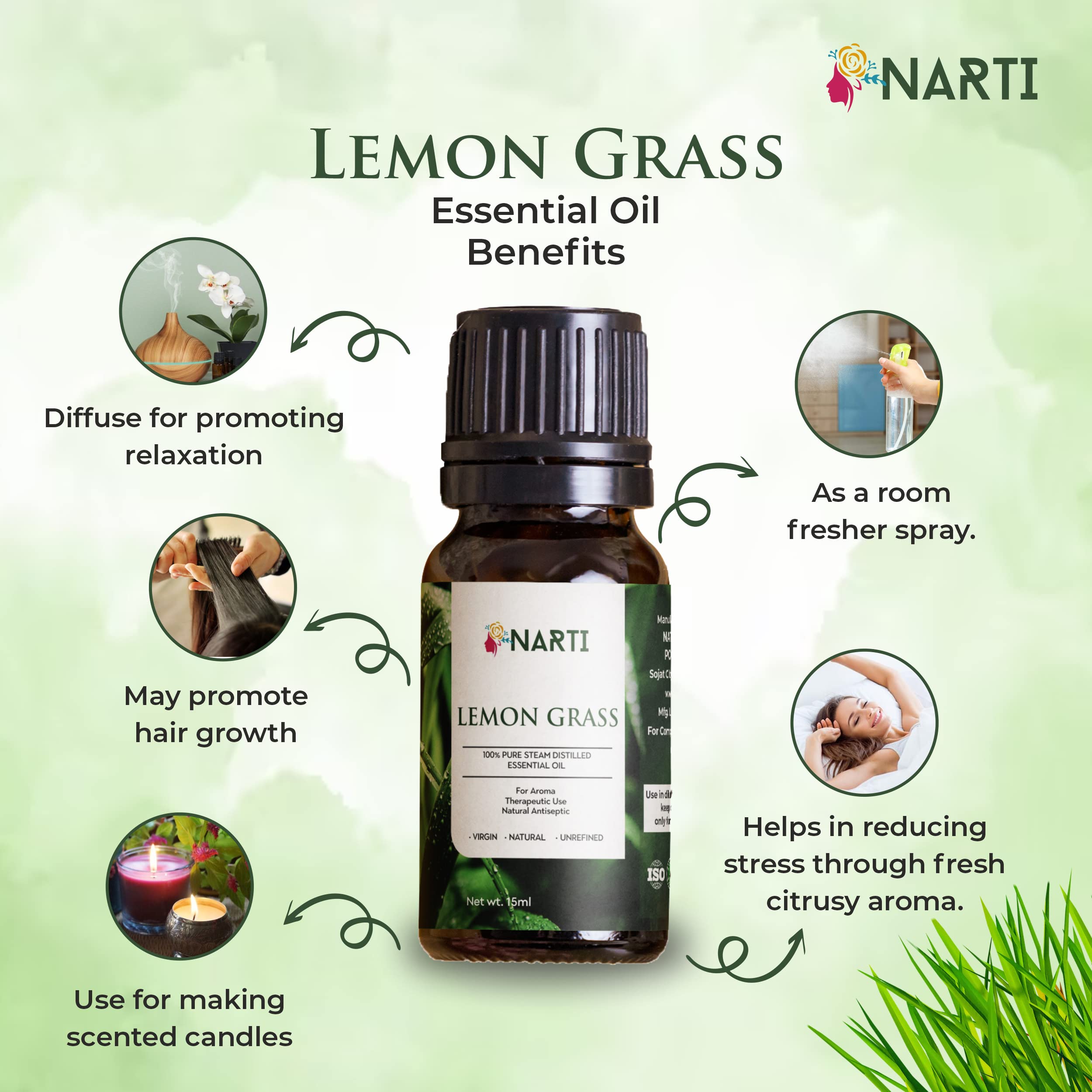 NARTI 100% Pure Lemongrass Essential Oil for Hair Growth, Skin Moisturizing & Aromatherapy | Natural, Non-GMO, Chemical-Free (15ml) | Perfect for Massage, Diffuser & DIY Beauty Products