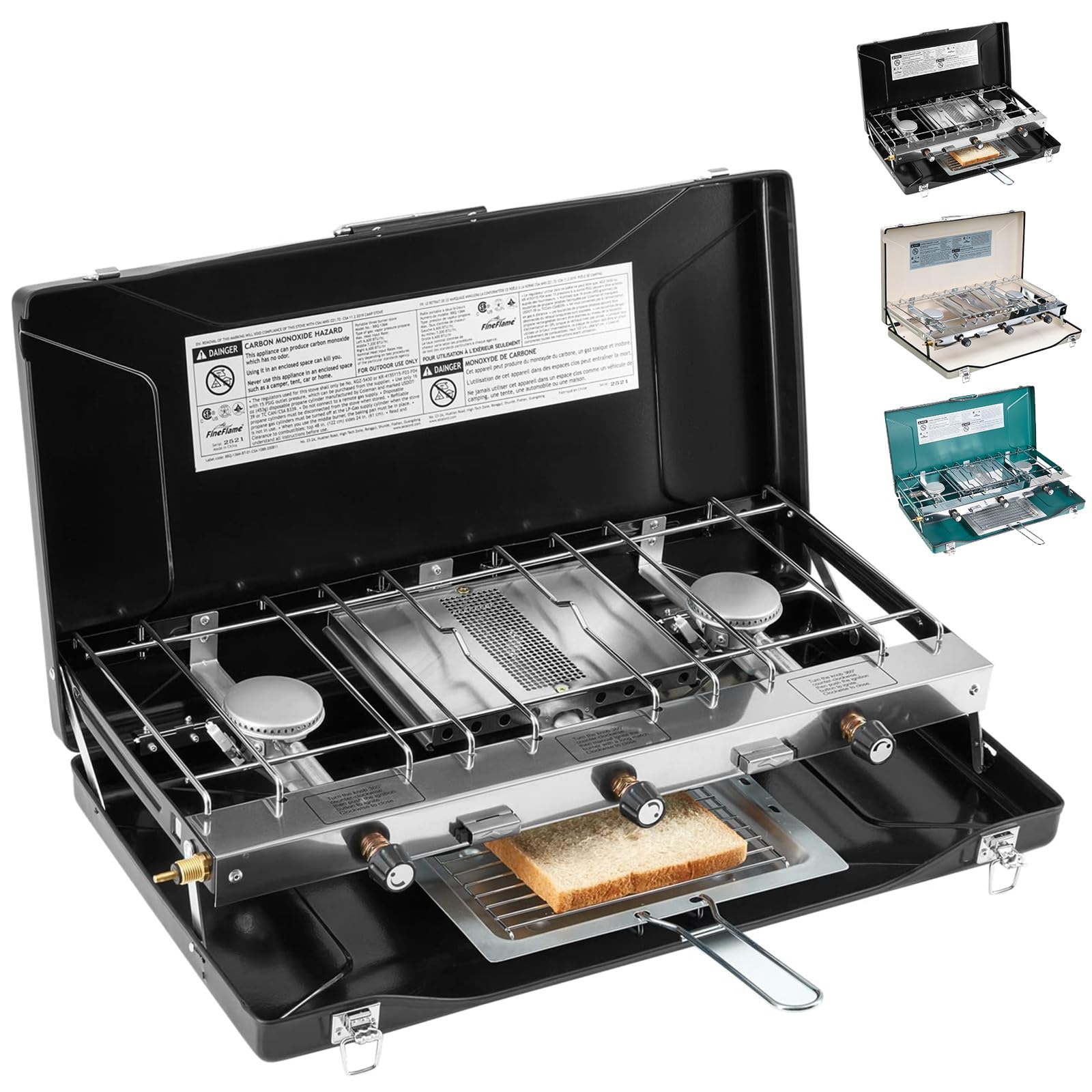 **20400 BTU 3-Burner Propane Camping Stove with Regulator, Toast Tray & Windshield – Portable Outdoor Cooking for Car Camping, BBQ, Picnics & Backpacking**