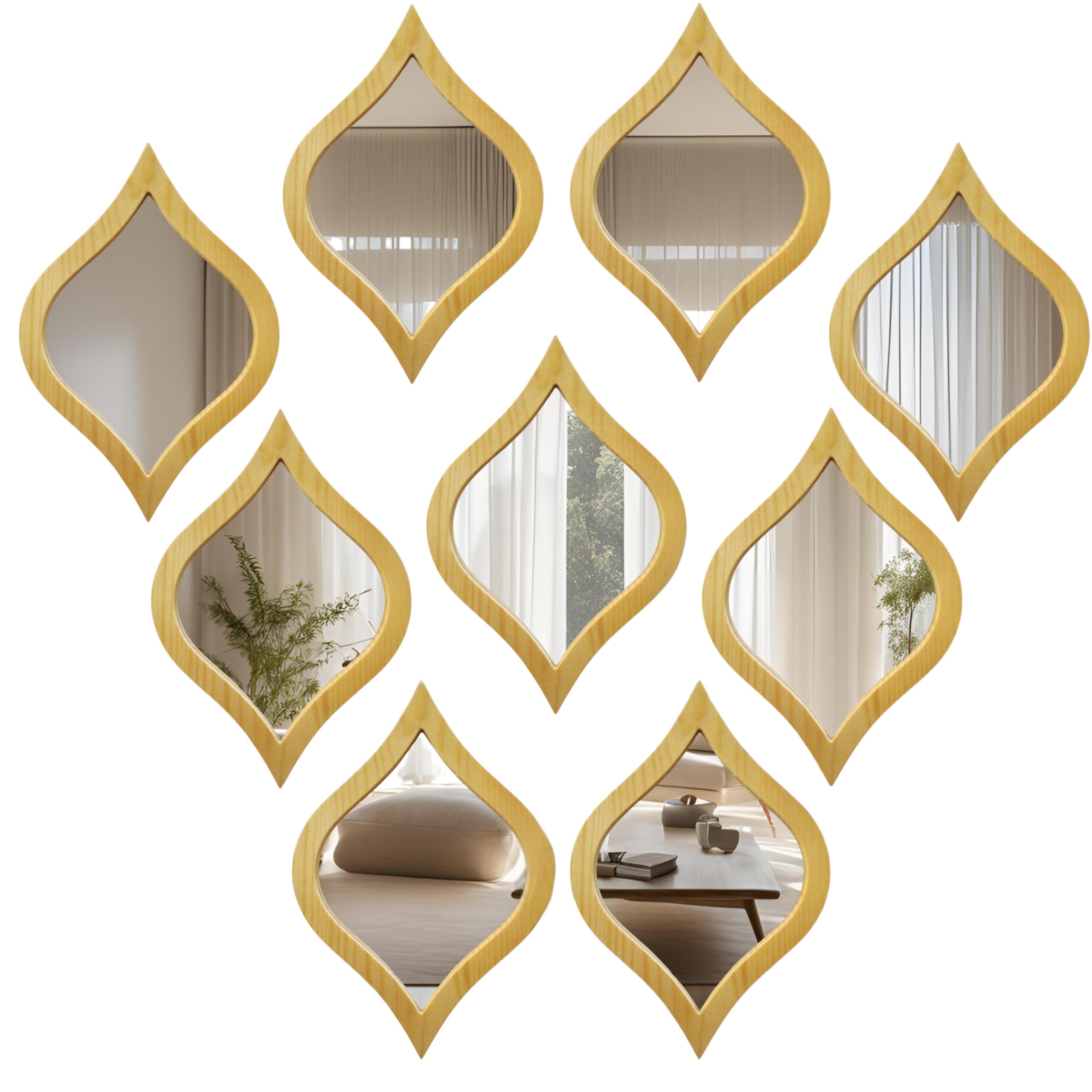VITAGIR Set of 9 Solid Wood Framed Wall Mirrors - 6.7x9.8 Inch Glass Decorative Mirrors for Home & Office Decor | Perfect for Bedroom, Living Room, Hallway & Office Wall Decorations