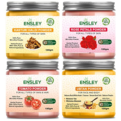 Ensley Natural Kasturi Haldi Turmeric Powder, Rose Petals Powder, Tomato Powder & Ubtan Powder - 400g (4x100g Pack) for Skin Care, Face Mask & Ayurvedic Beauty Treatments