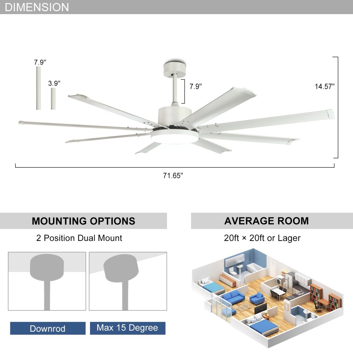 Depuley 72 Inch White Ceiling Fan with Light and Remote Control - 8 Reversible Aluminum Blades, 6 Speed Settings, 3CCT Dimmable LED - Indoor/Outdoor Industrial Ceiling Fan for Bedroom, Living Room, Patio, and Office Spaces