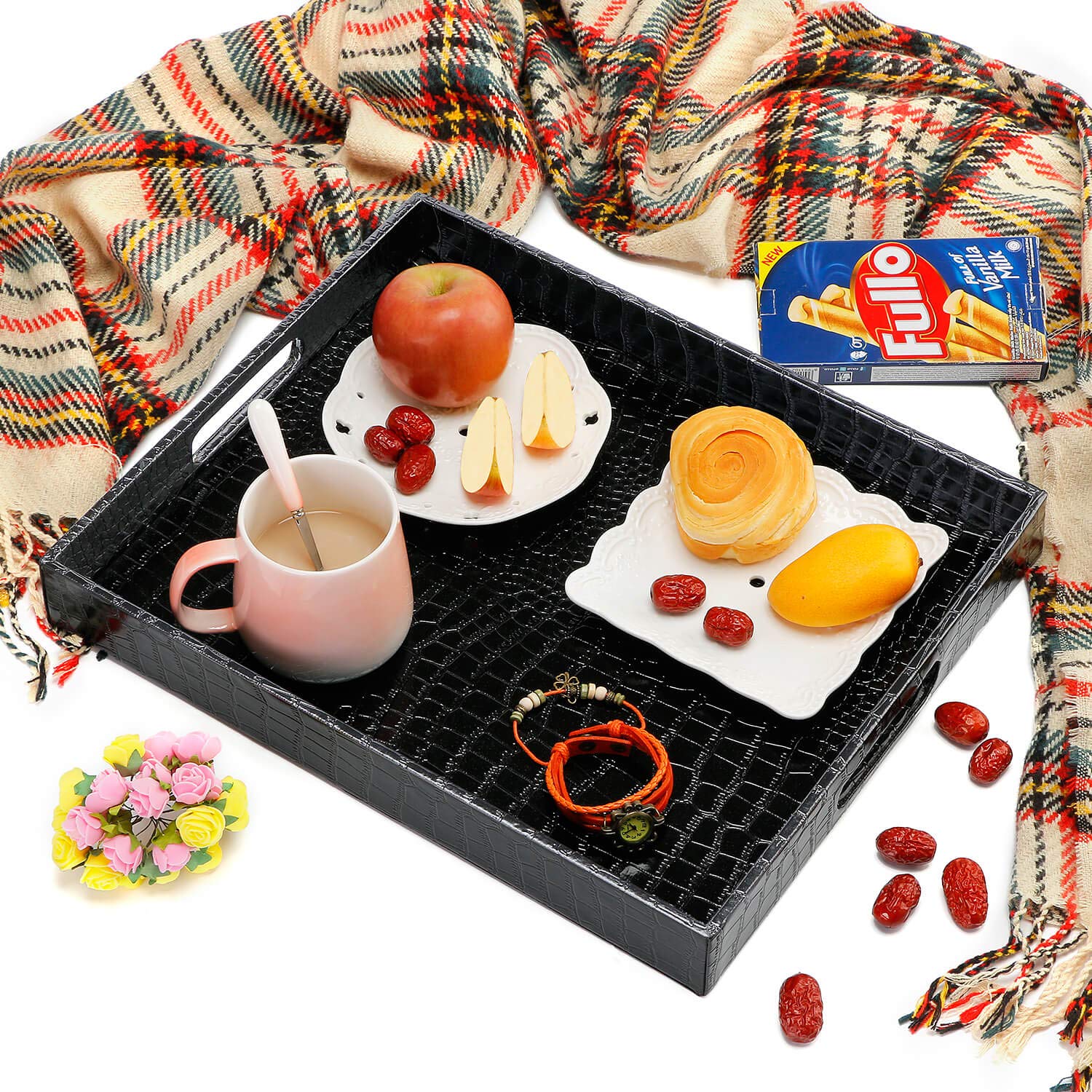 Ranslen Large Rectangular Decorative Serving Tray with Handles - Black Alligator Grain Design - Sturdy Coffee Table Tray for Tea, Food & Bedroom Breakfast - Perfect for Dining, Entertaining & Picnics