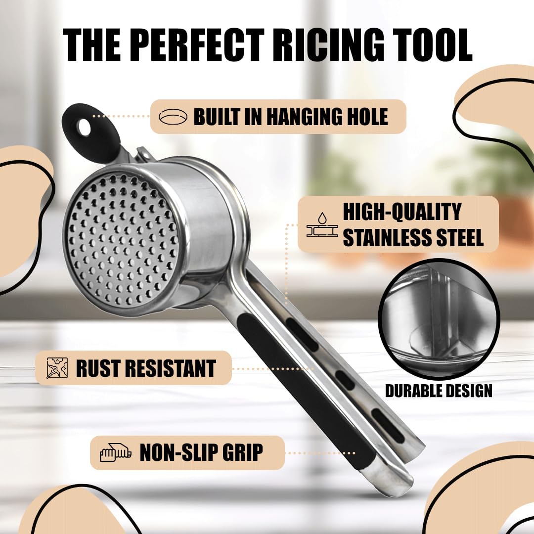 Premium 15 oz Stainless Steel Potato Ricer & Masher with 3 Interchangeable Discs - Heavy Duty Kitchen Tool for Perfect Mashed Potatoes, Baby Food & Purees - Ideal for Home Cooking, Restaurants & Meal Prep