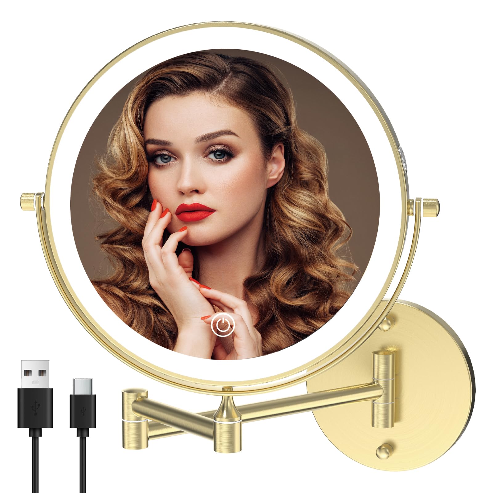 Rechargeable 8 Inch Wall Mounted Makeup Mirror with 1X/10X Magnification - 3 Color LED Lighting, Touch Dimming & 360° Rotation - Perfect for Bathroom Vanity, Shaving & Cosmetics Application - Gold Finish
