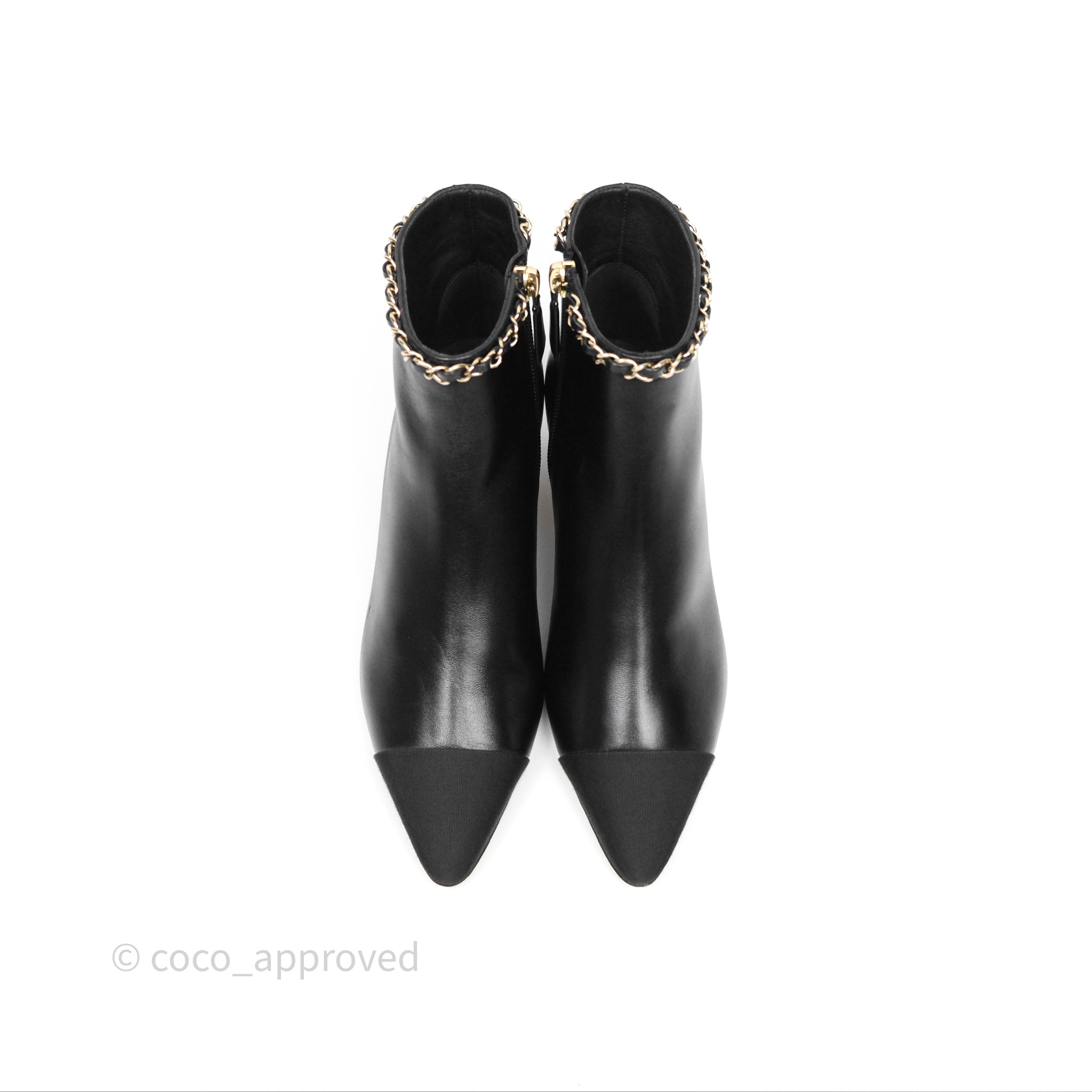 Chanel Black Cap Toe Chain Ankle Boots - Genuine Lambskin Leather Size 36.5 EU (Women's US 6.5) - Luxury Fashion Boots for Evening Parties & Date Nights
