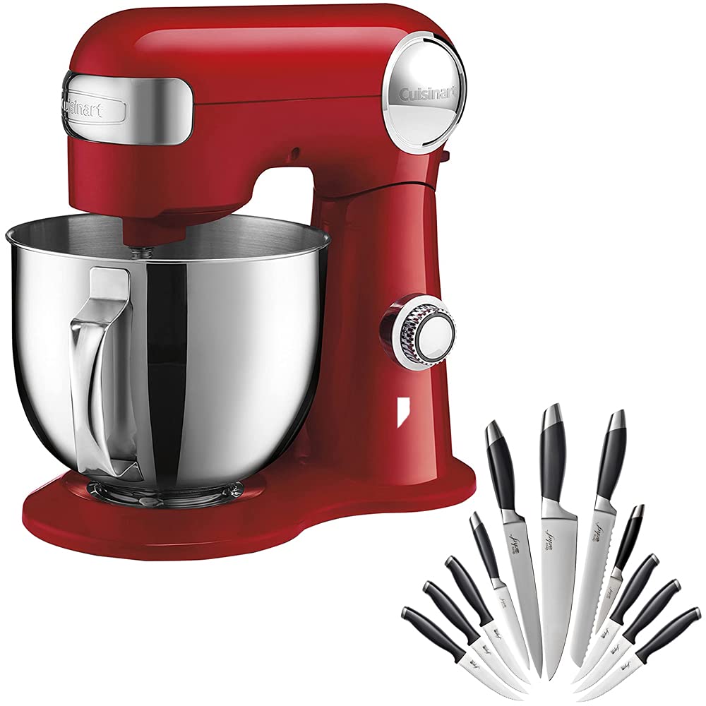 Cuisinart SM-50 5.5-Quart Stand Mixer in Ruby Red with Deco Chef 12-Piece Stainless Steel Knife Set & Storage Block - Full Tang Design - Perfect for Baking, Cooking & Kitchen Organization