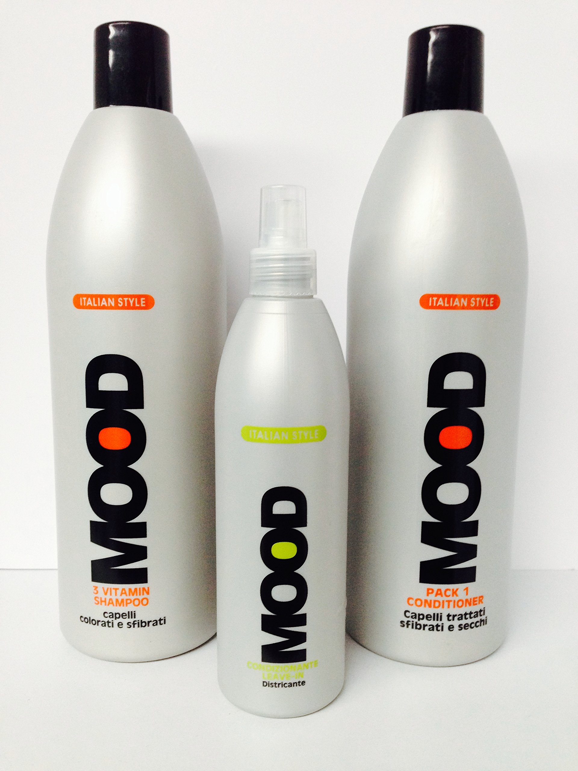 Mood 3 Vitamin Shampoo 33.8 Oz + Conditioner 33.8 Oz + Leave-in Treatment 10.1 Oz Set for Hair Repair & Hydration - Perfect for Dry, Damaged Hair at Home or Salon Use