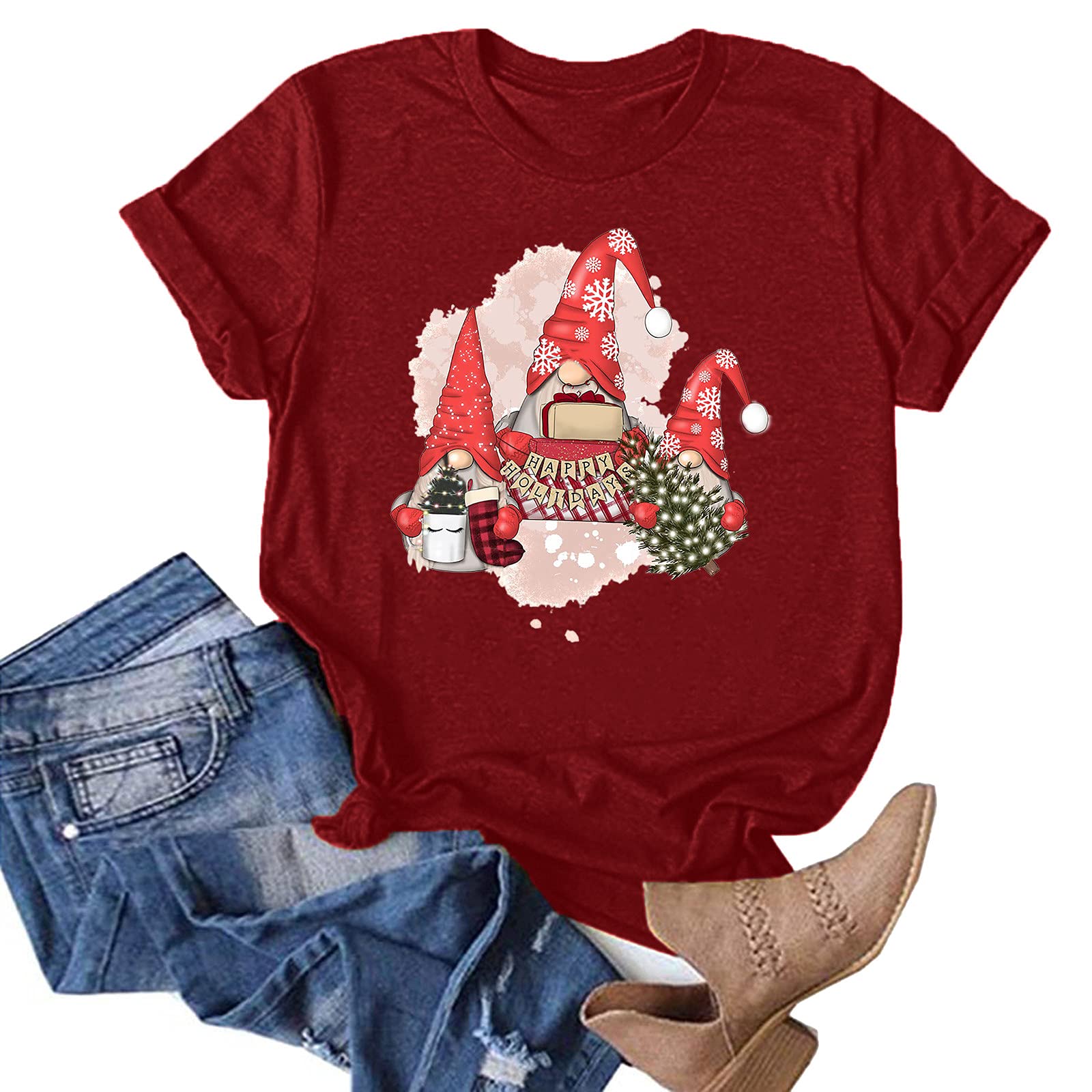 Christmas Gnomes Print Round Neck Short-Sleeve T-Shirt for Women & Men - Casual Holiday Tee for Gift Giving, Family Gatherings & Festive Outfits