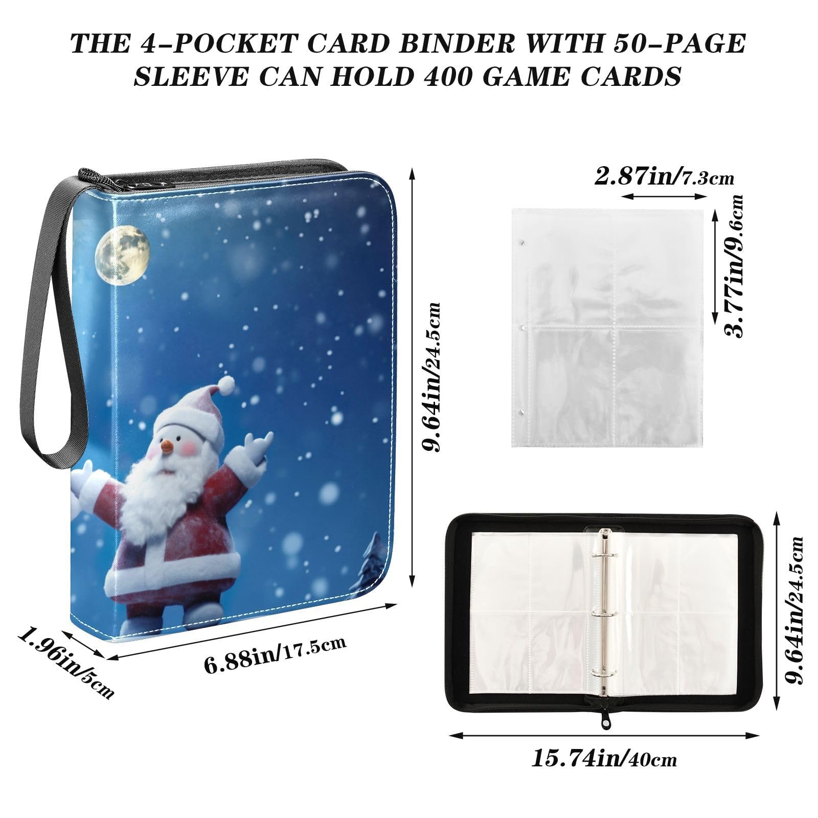 Christmas Snowmen Full Moon Winter Themed 4-Pocket Trading Card Binder with 50 Sleeves - Holds 400 Cards, 3-Ring Zip Closure - Perfect for Football, Pokemon & MTG Card Collections (Great for Holiday Gifts & Card Game Storage)