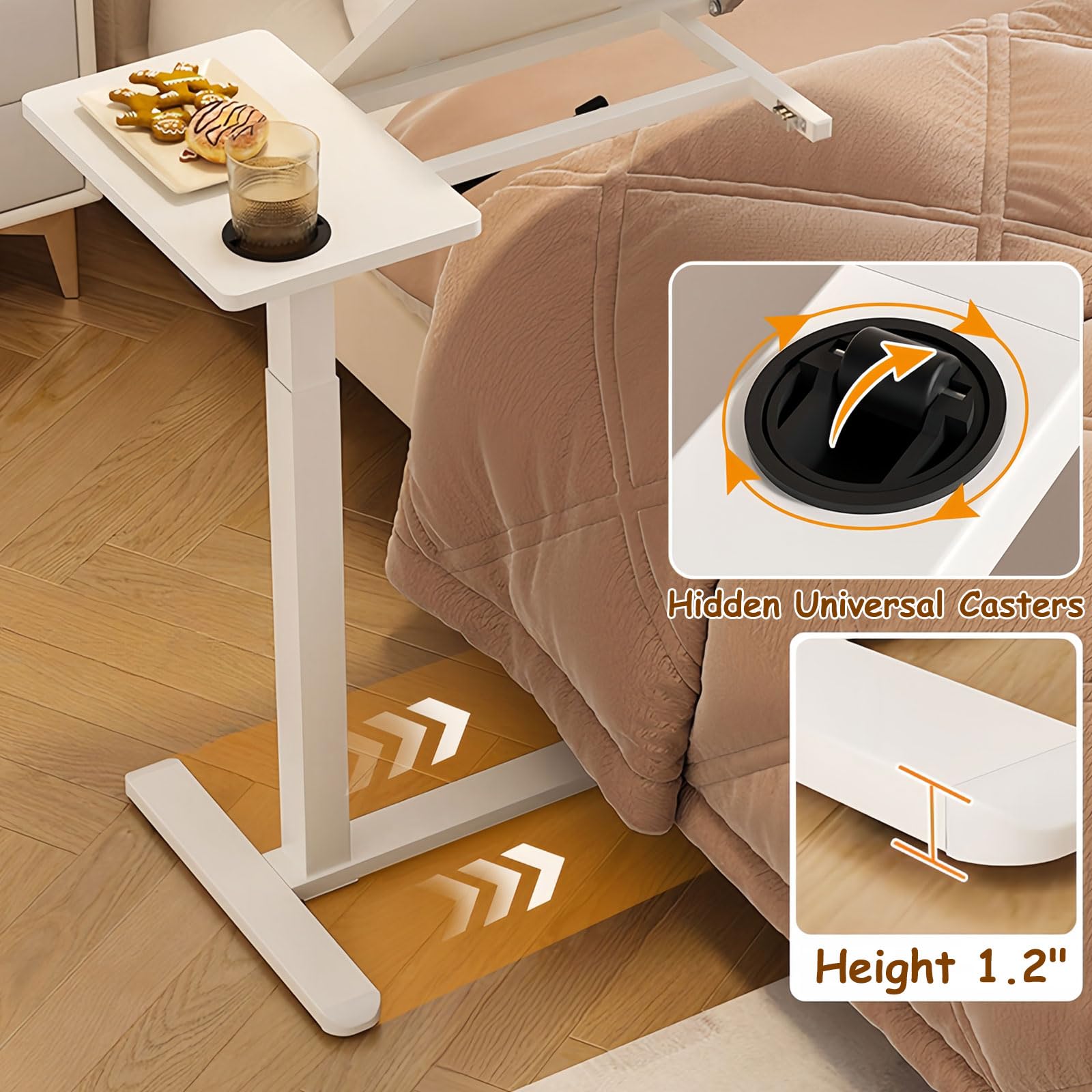 Adjustable Overbed Table with Pneumatic Height & Tilting Desktop - Rolling Laptop Standing Desk for Home & Hospital Use, Folding Design with Hidden Wheels & Cup Holder - Perfect for Bedside Work, Eating, Reading & Nursing Care