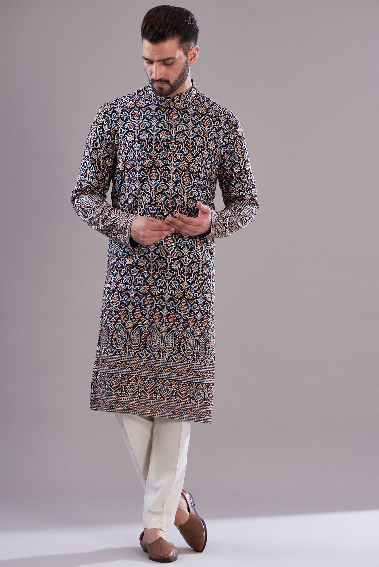 Elegant Navy Blue Embroidered Kurta for Men - Traditional Indian Tunic for Festivals, Weddings & Casual Wear