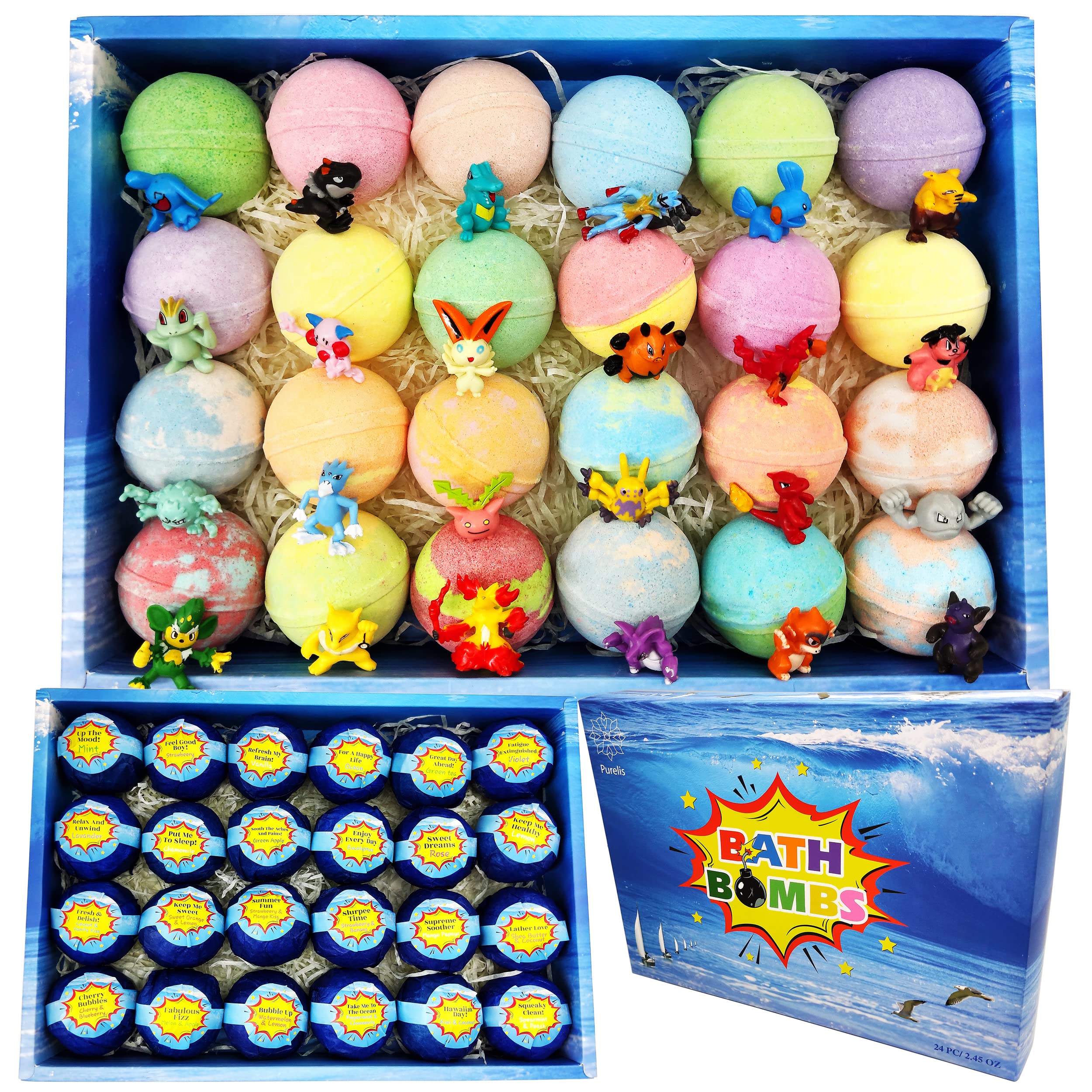 **24-Piece Colorful Bath Bombs Gift Set for Kids - Gentle, Kid-Friendly Ingredients with Bonus Toys (Toys Not Inside Bombs) - Perfect Birthday Gift for Boys & Girls - Fun Bath Time & Relaxation for Children**