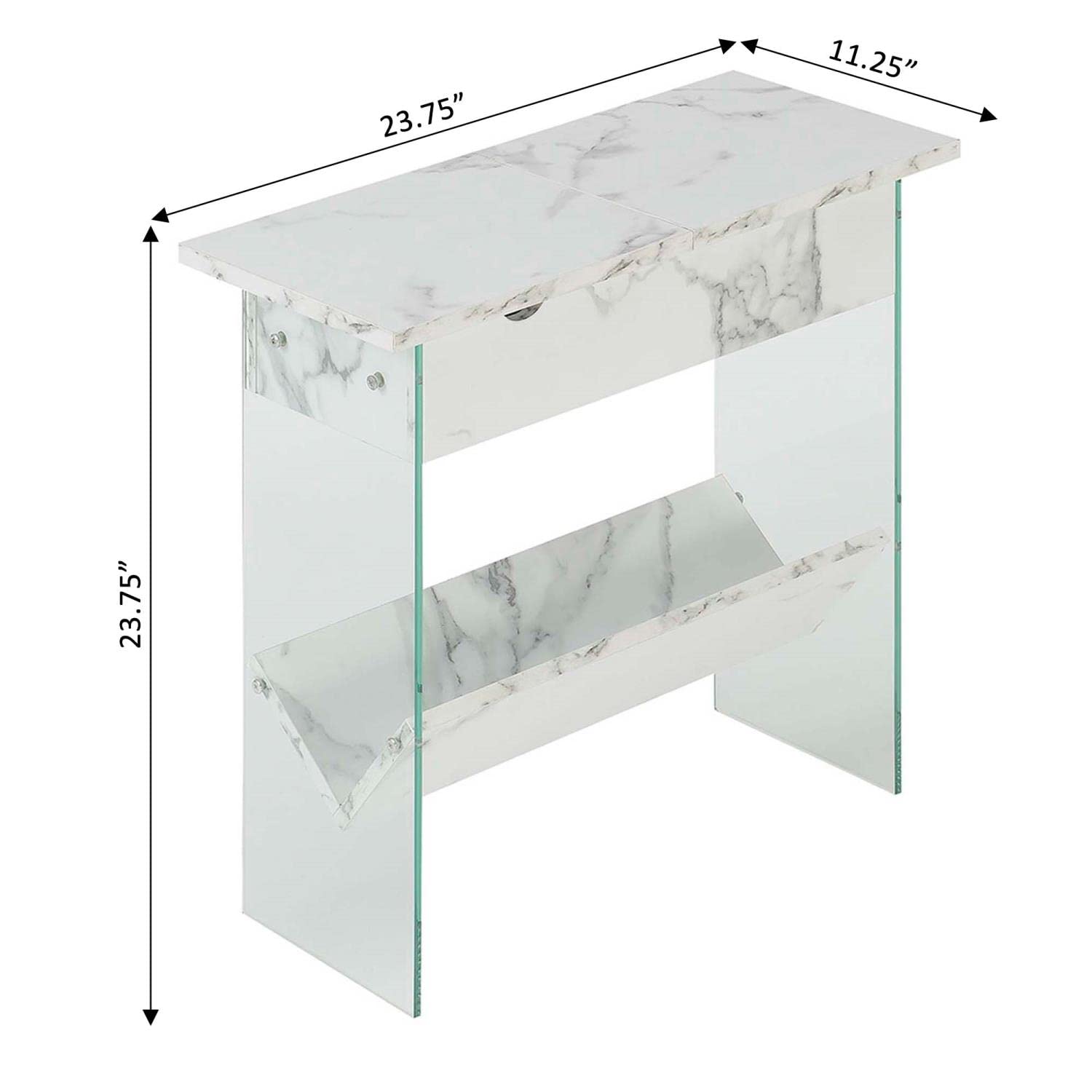 Convenience Concepts SoHo Flip Top End Table with USB Charging Station - White Faux Marble Nightstand for Living Room, Bedroom & Office