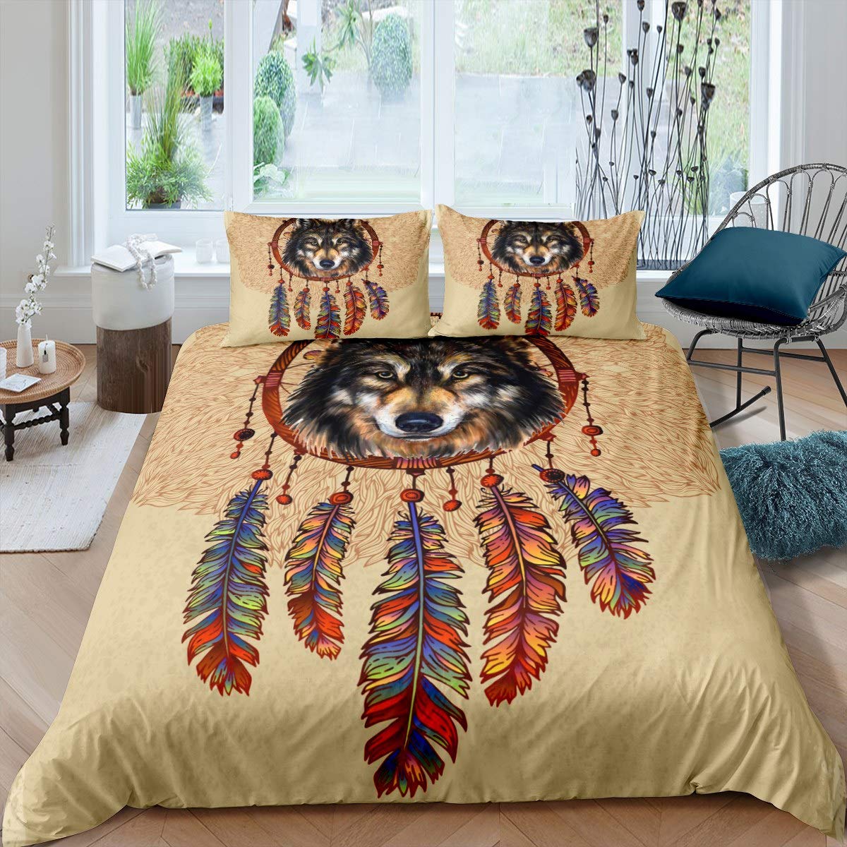 Wolf Animal Head Duvet Cover Set for Kids & Teens - Soft Polyester Bedding with Dreamcatcher Design (1 Queen Duvet Cover + 2 Pillowcases) - Perfect for Nursery, Teen Room & Boho Bedroom Decor