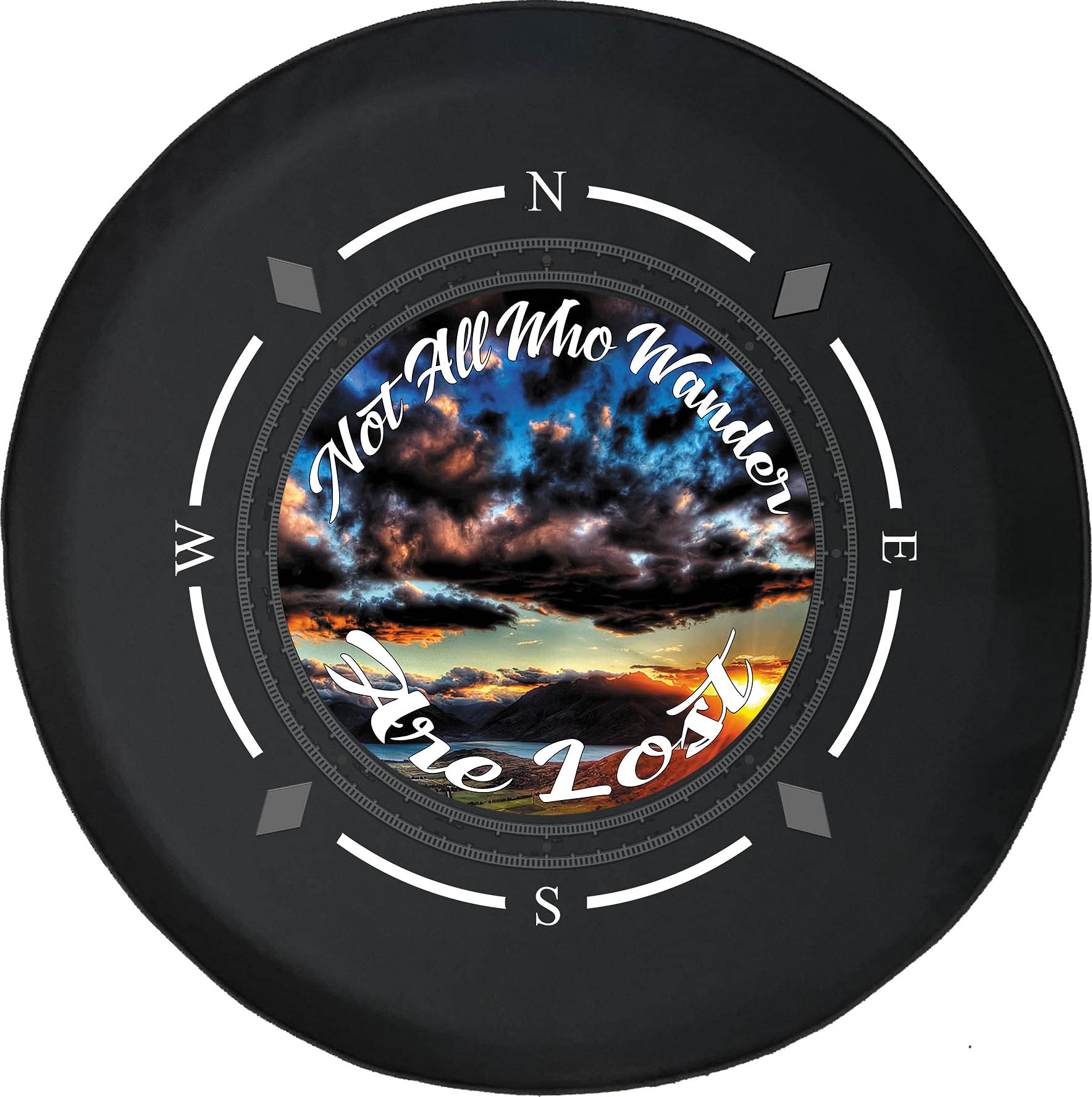 American Unlimited Spare Tire Cover with Compass Design - 'All Who Wander Are Not Lost' - Durable SUV, RV & Trailer Wheel Cover for Beach, Mountain & Road Trips - Universal Fit for Most Vehicles