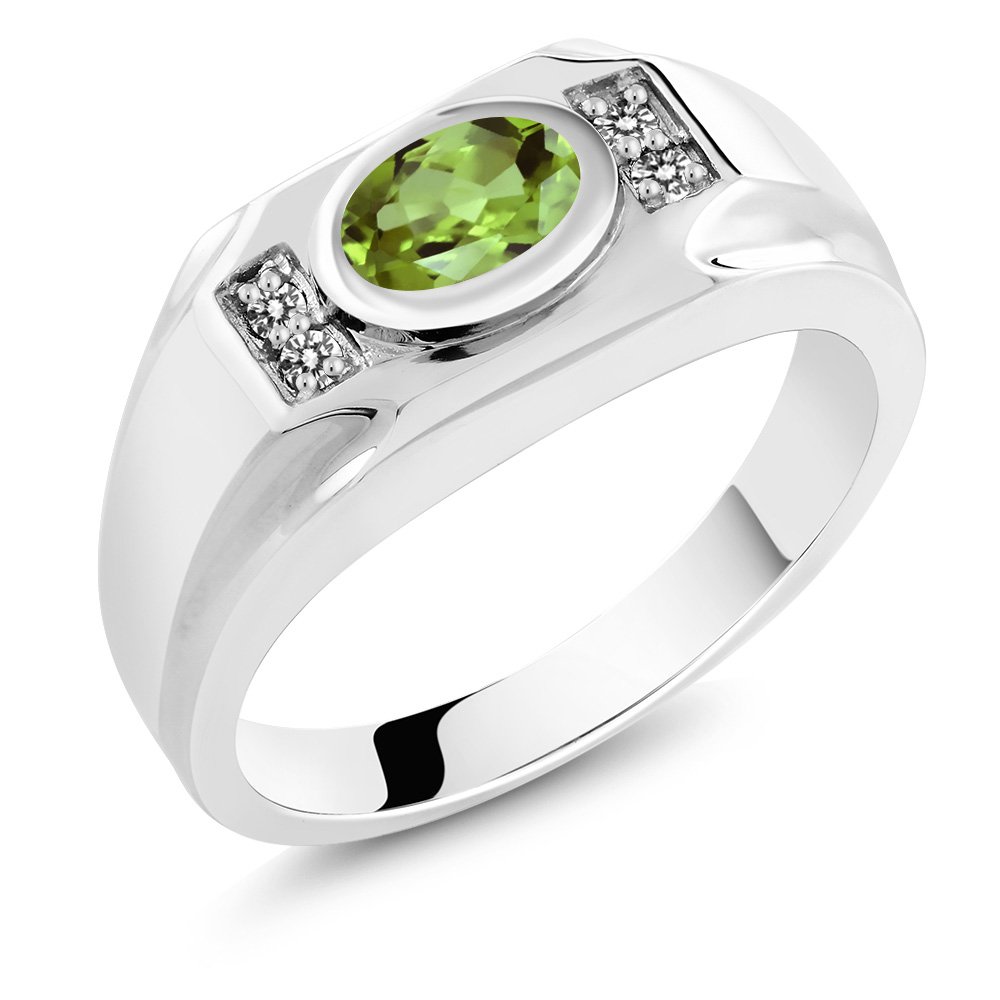 1.46 Ct Oval Green Peridot & White Diamond 925 Sterling Silver Men's Ring for Wedding, Engagement & Gift | Gem Stone King Jewelry for Men