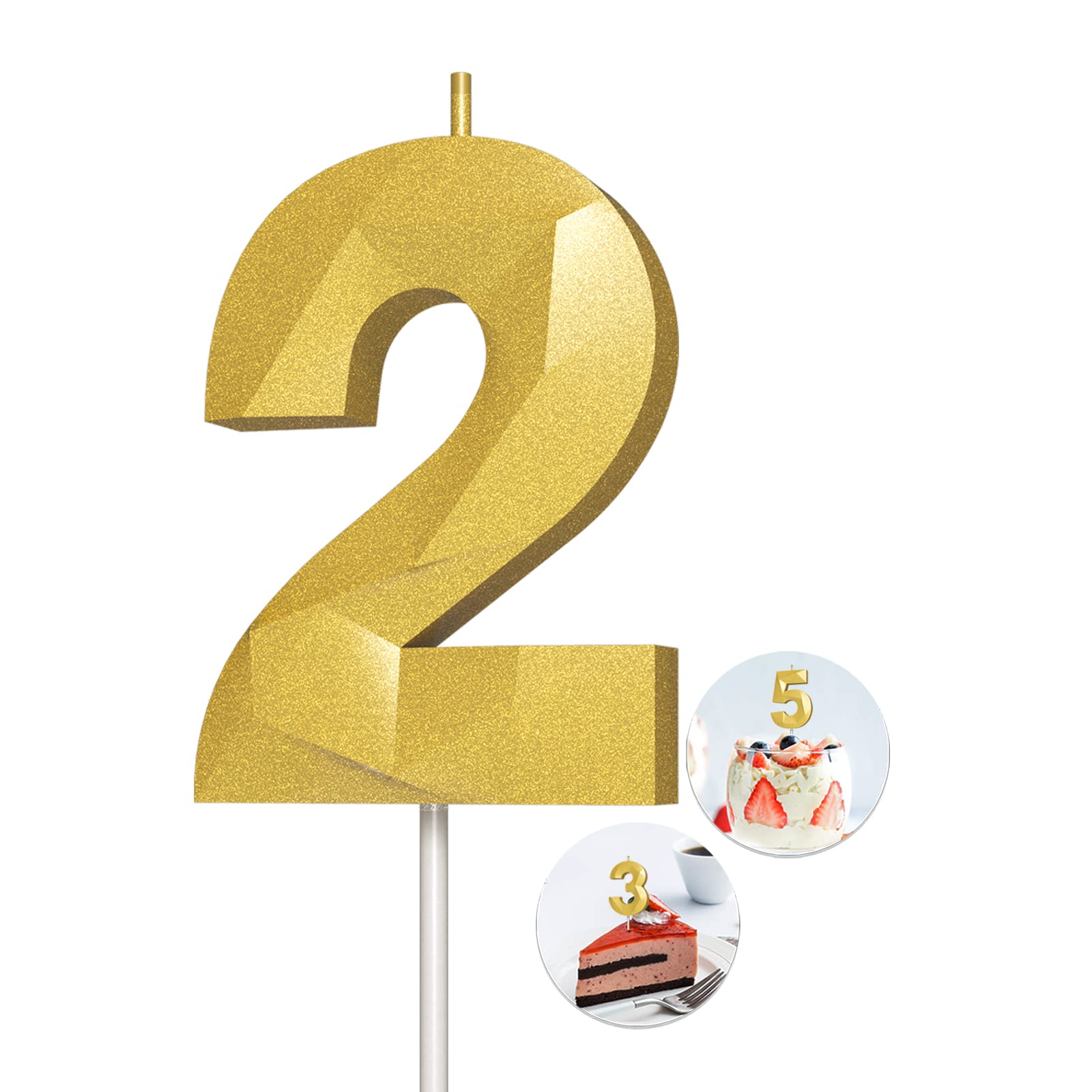 3D Diamond Shape Gold Number Birthday Candles (2-Pack) - Elegant Cake Toppers for Birthday Parties, Weddings, Reunions & Theme Celebrations - Perfect for Cake Decorating and Special Occasions
