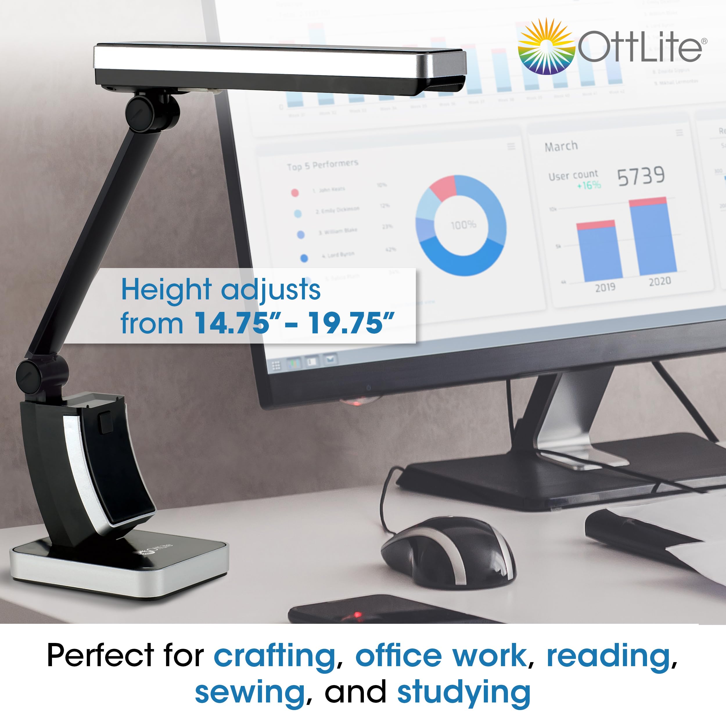 OttLite 13W Slimline LED Desk Lamp - Adjustable Black Task Light for Home Office, Bedroom Reading & Study | Energy Efficient Eye-Care Lighting for Work, Crafting & Nightstand Use