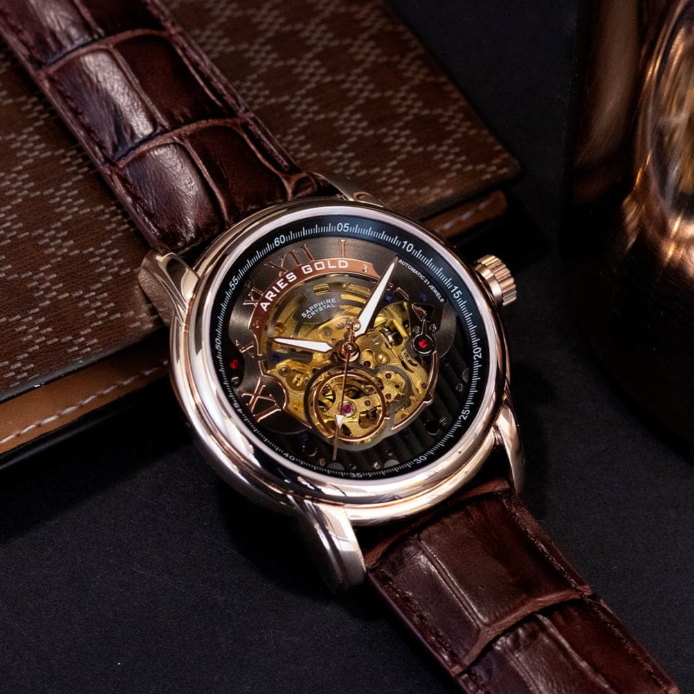 ARIES GOLD Automatic Infinum El Toro Men's Watch - Stainless Steel Case, Brown Leather Strap, Gold-Tone (G 9005G RG BK) | Luxury Dress Watch for Business, Formal Occasions & Gifts