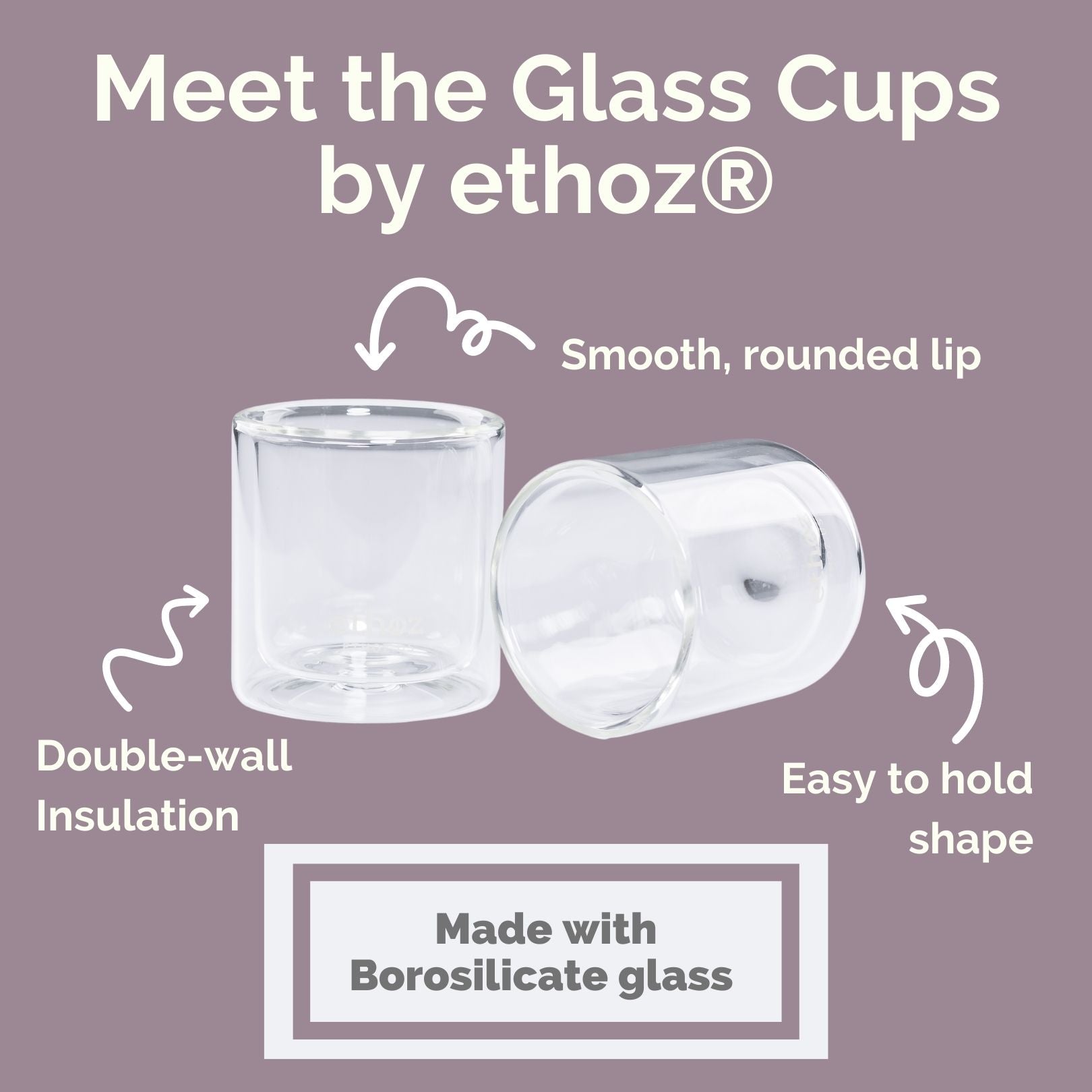 Ethoz® 8oz (237ml) Double Wall Insulated Glass Cups - Set of 2, Perfect for Hot & Cold Beverages, Coffee, Tea, Cocktails, Home & Office Use