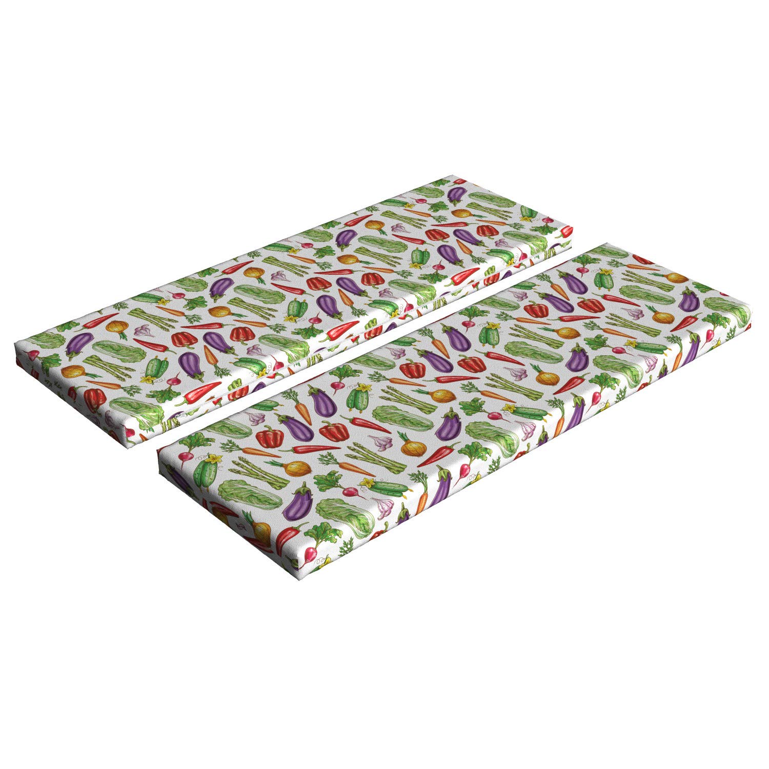 Ambesonne 2-Piece Vegetable Art Bench Cushion Set - Eggplant, Cucumber, Onion & Garlic Cartoon Design - Standard Size Foam Seat Pads with Decorative Cover - Multicolor for Kitchen, Dining Room & Outdoor Furniture Decor