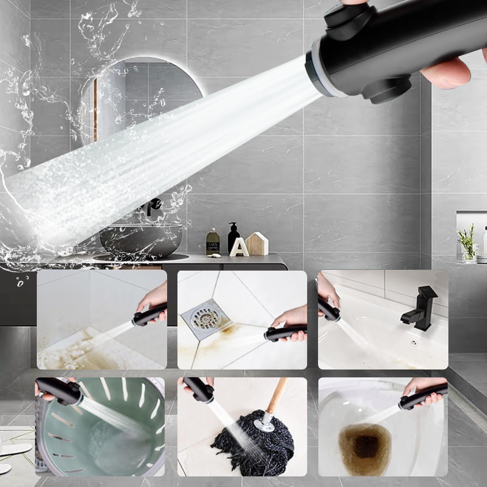 SUNZOS High Pressure Shower Head with 1.5m Hose - 6 Adjustable Spray Modes, Water Saving Design with Holder - Perfect for Bathroom, Spa, and RV Use