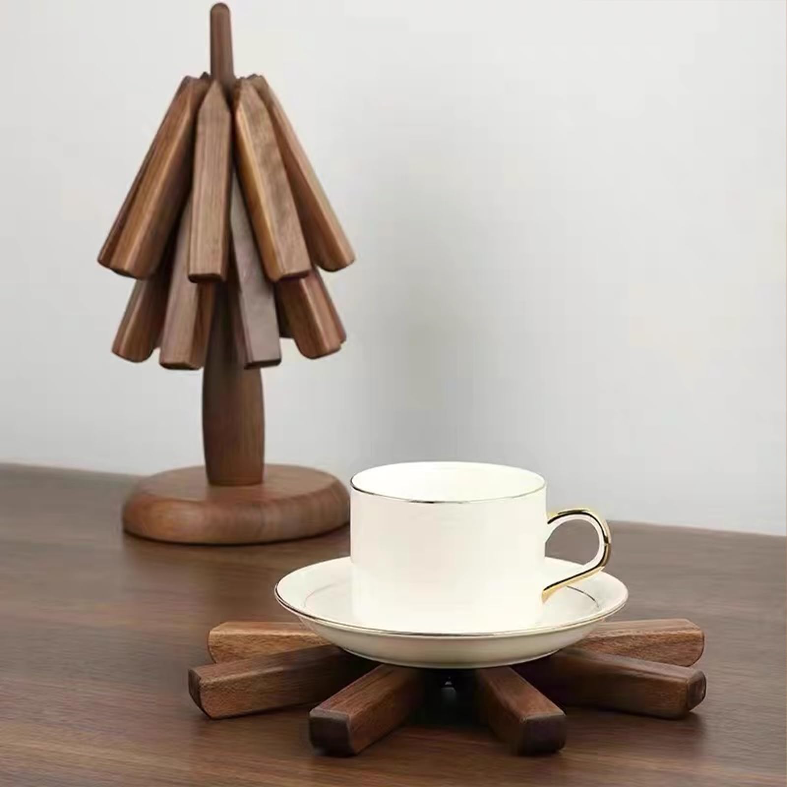Heat Resistant Wooden Trivet Set of 3 - Non-Slip Foldable Christmas Tree Shaped Coasters for Pots, Pans, Plates & Drinks - Perfect for Holiday Dining, Kitchen Protection & Table Decor