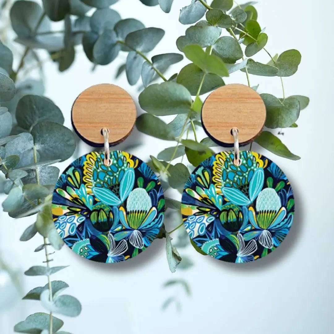 Handmade Azure Native Flowers Wooden Earrings for Women - Boho Chic Dangle Earrings for Casual Wear & Festivals