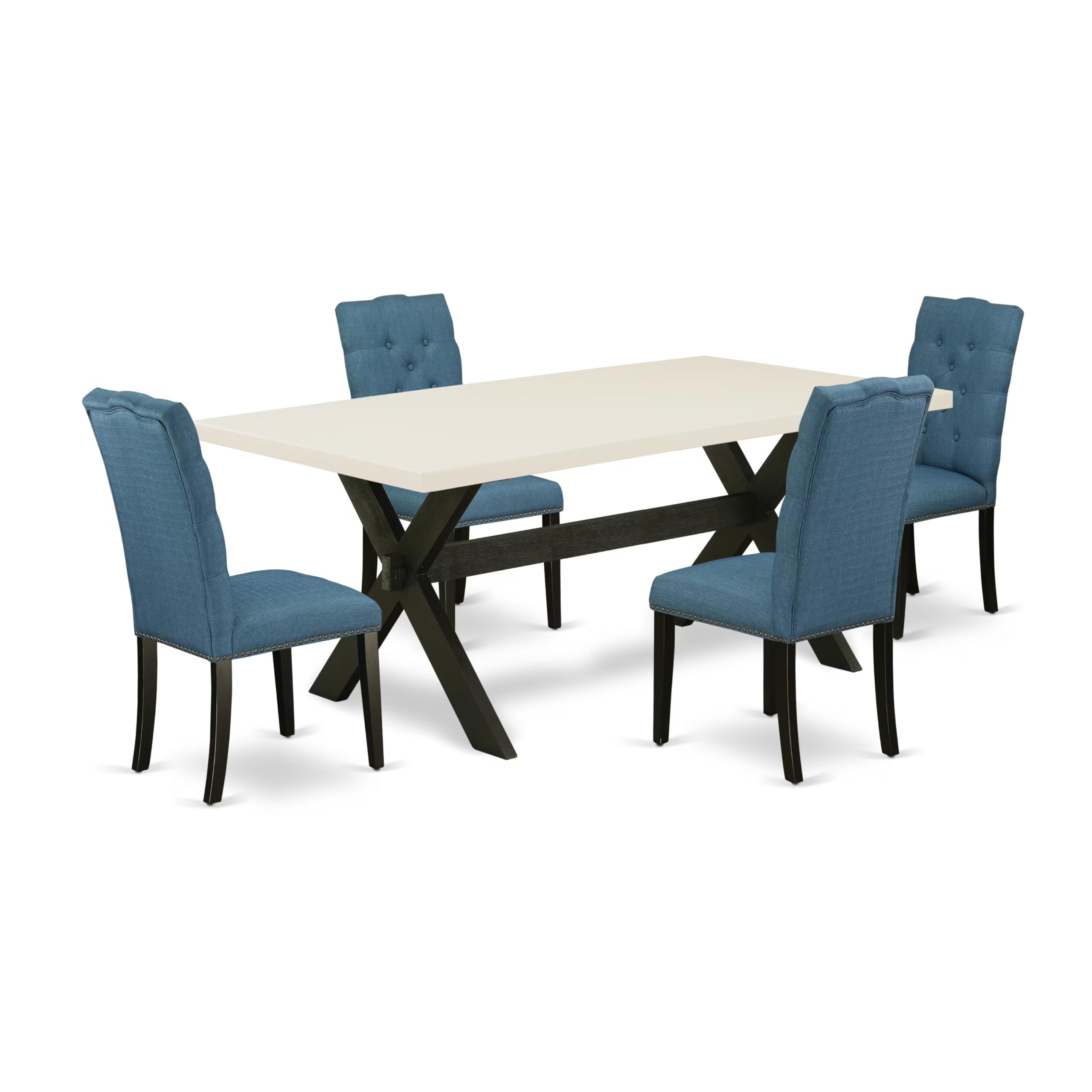 East West Furniture 5-Piece Dining Table Set for 4 - 40x72 Inch Rectangle Kitchen Table with X-Legs & 4 Blue Linen Fabric Chairs - Modern Dining Room Furniture for Small Spaces, Kitchen, Breakfast Nook & Apartment Dining Area