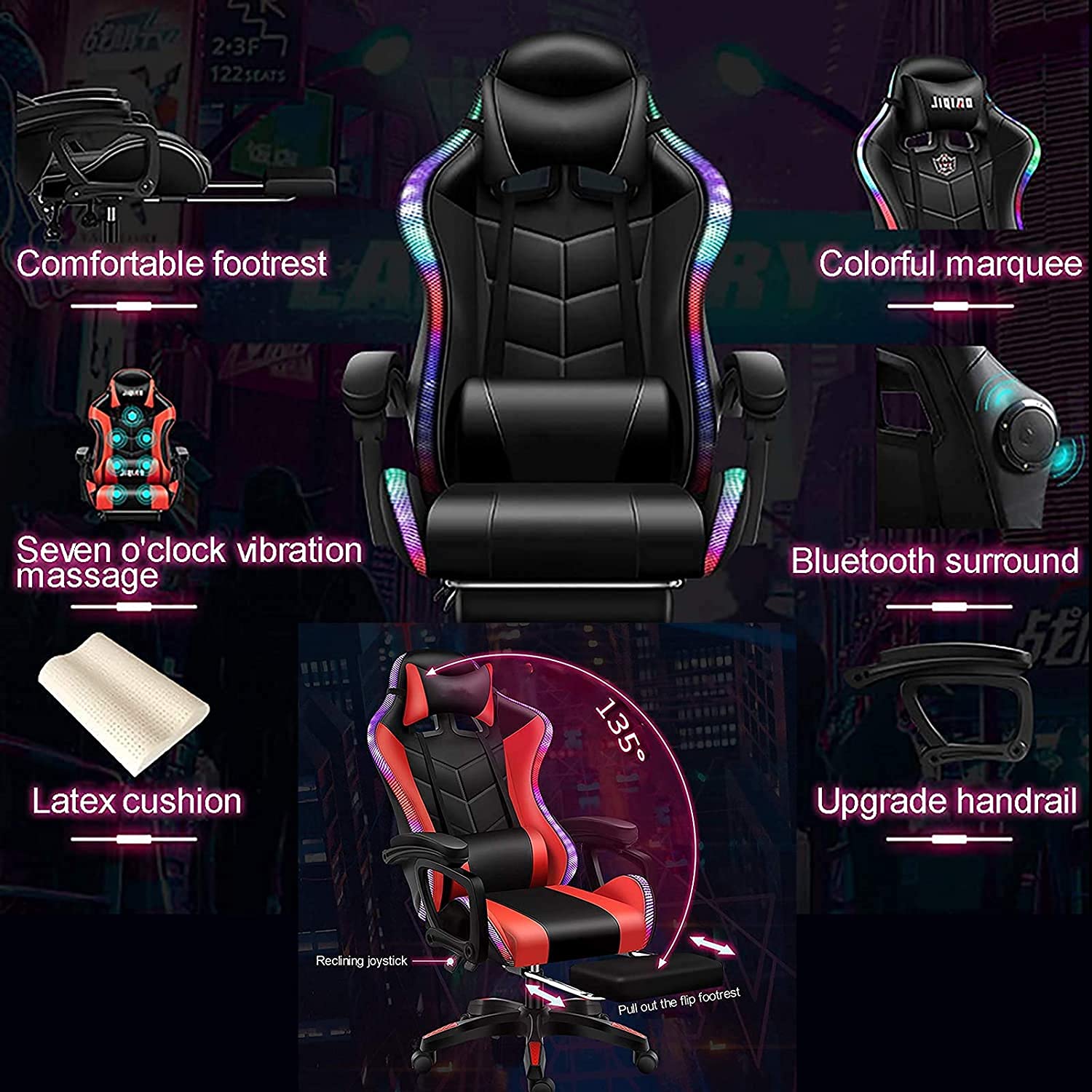 Ergonomic Gaming Chair with Bluetooth Speakers & RGB Lights - Adjustable Lumbar Support & Massage Function for PC/Console Gamers - Perfect for Esports, Streaming & Home Office Setup