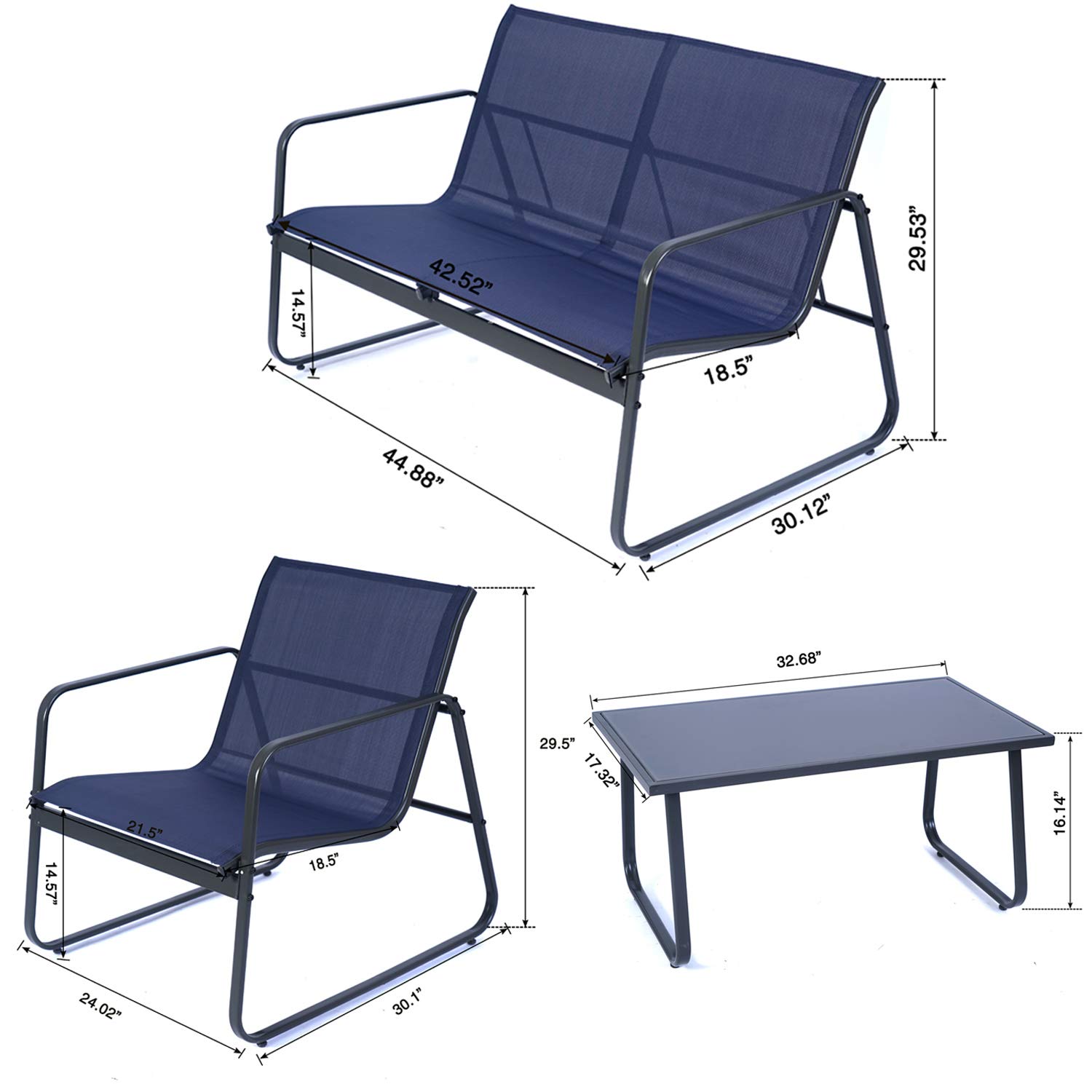 Kozyard Sofia 4-Piece Outdoor Patio Furniture Set - Powder Coated Metal Frame with 1 Loveseat, 2 Chairs & Table for Porch, Balcony, Backyard (Navy Blue) - Perfect for Relaxing, Entertaining & Outdoor Dining