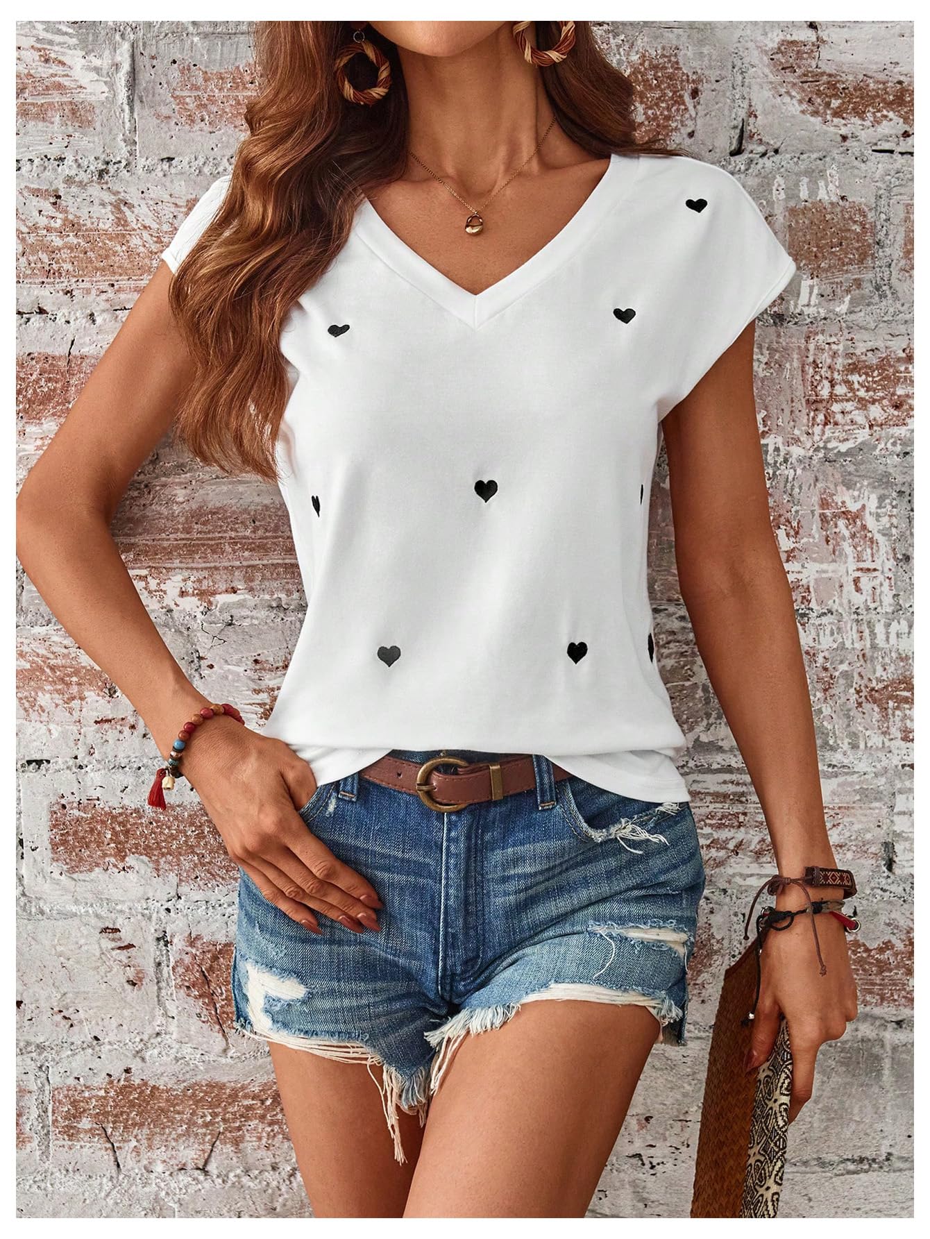 OYOANGLE Women's V-Neck Short Sleeve T-Shirt with Heart Embroidery - Funny Graphic Casual Tee for Summer, Date Night & Everyday Wear