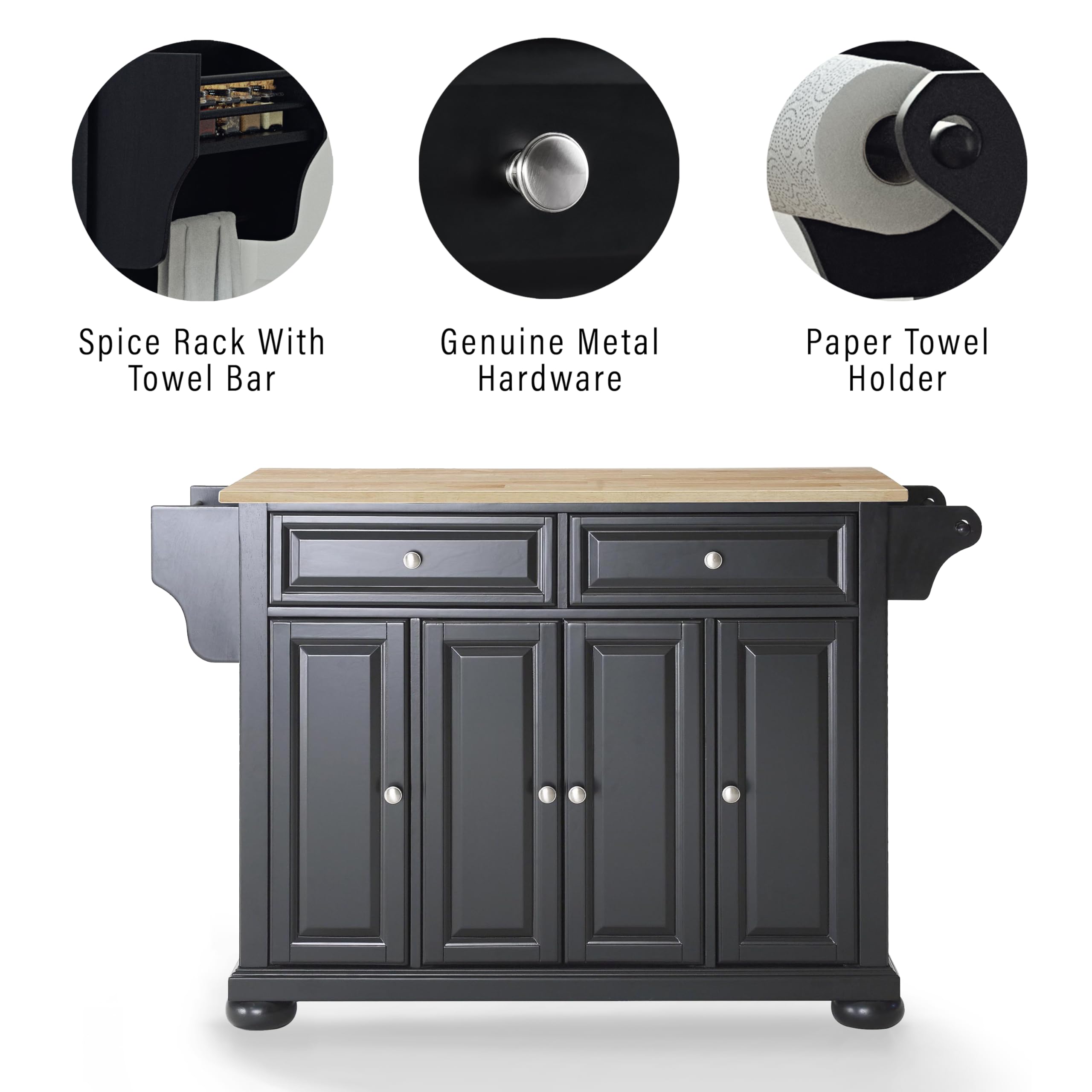 Crosley Alexandria Wood Top Rolling Kitchen Island Cart with Storage - Microwave Stand, Spice Rack, Black - Perfect for Small Kitchens, Pantry Organization & Extra Counter Space