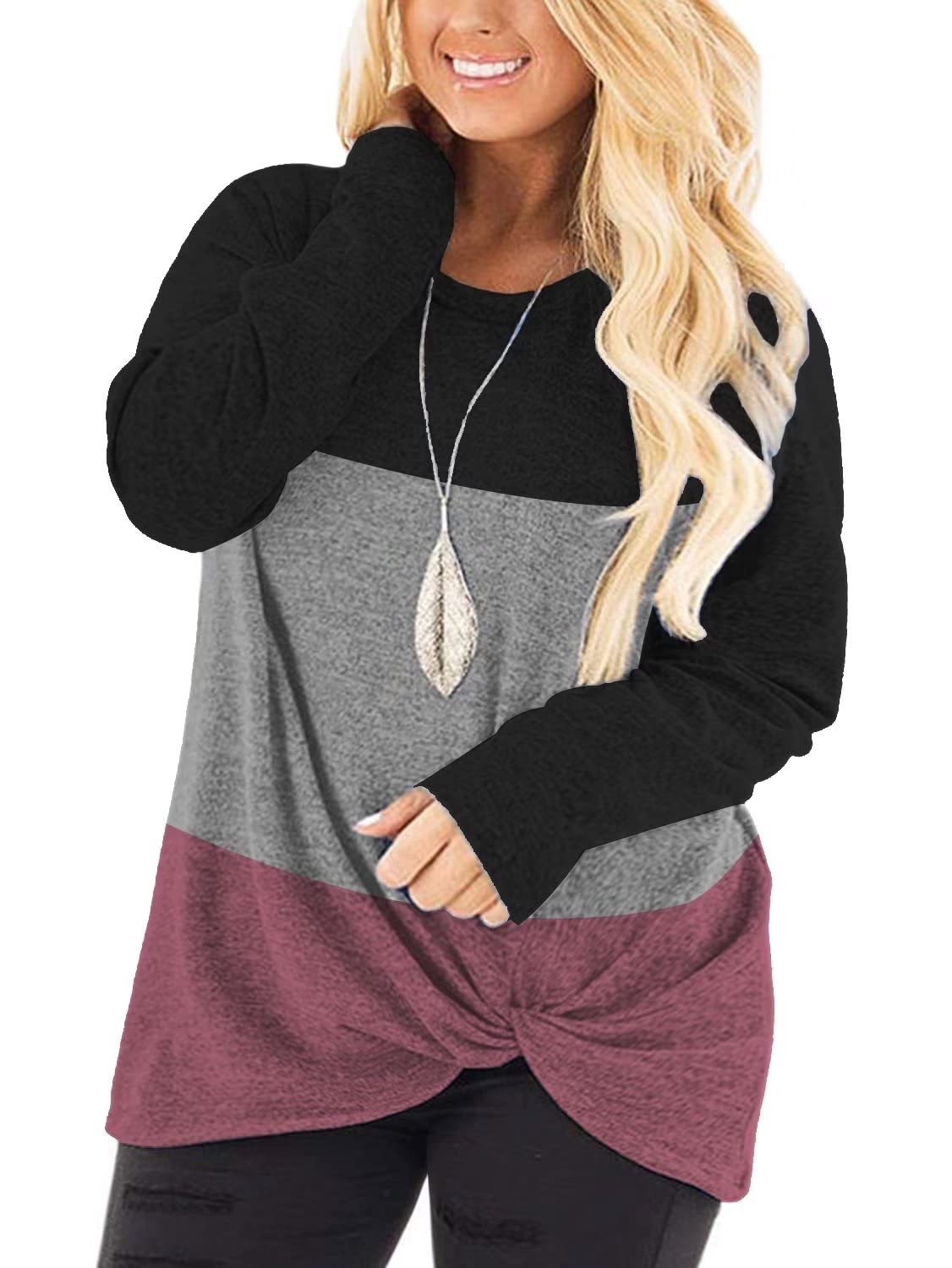 DOLNINE Women's Plus Size Knotted Tops Long Sleeve Tee Shirts - Loose Casual Blouse for Women | Comfortable Stretchy Fabric | Perfect for Work, Date Night & Weekend Outfits