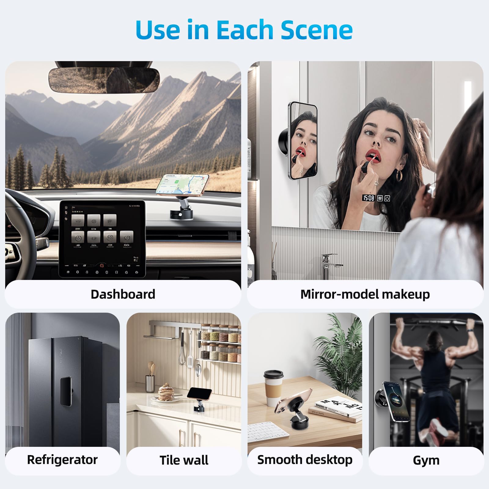 Vacuum Suction Magnetic Phone Holder - Adjustable Car Mount for iPhone 16/15/14/13/12, Foldable Stand for Gym, Shower, Mirror & Dashboard Use
