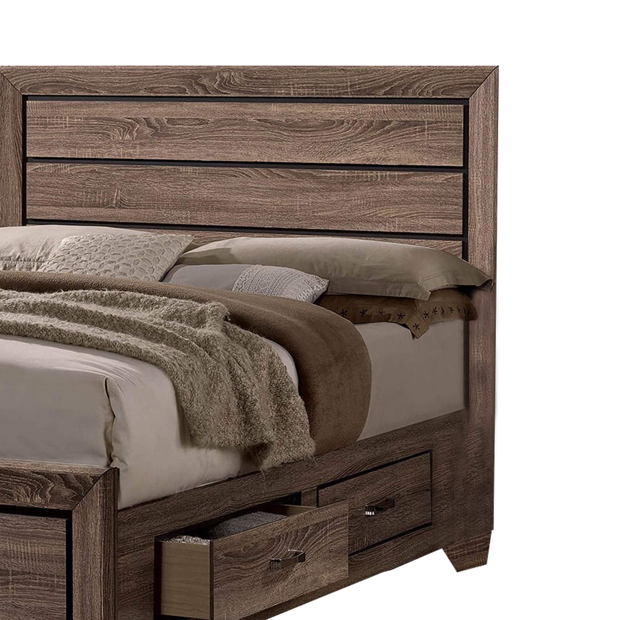 Benjara Solid Wood Queen Size Bed Frame with 4 Spacious Side Drawers - Brown - Perfect for Master Bedroom, Guest Room, and Small Space Storage Solutions