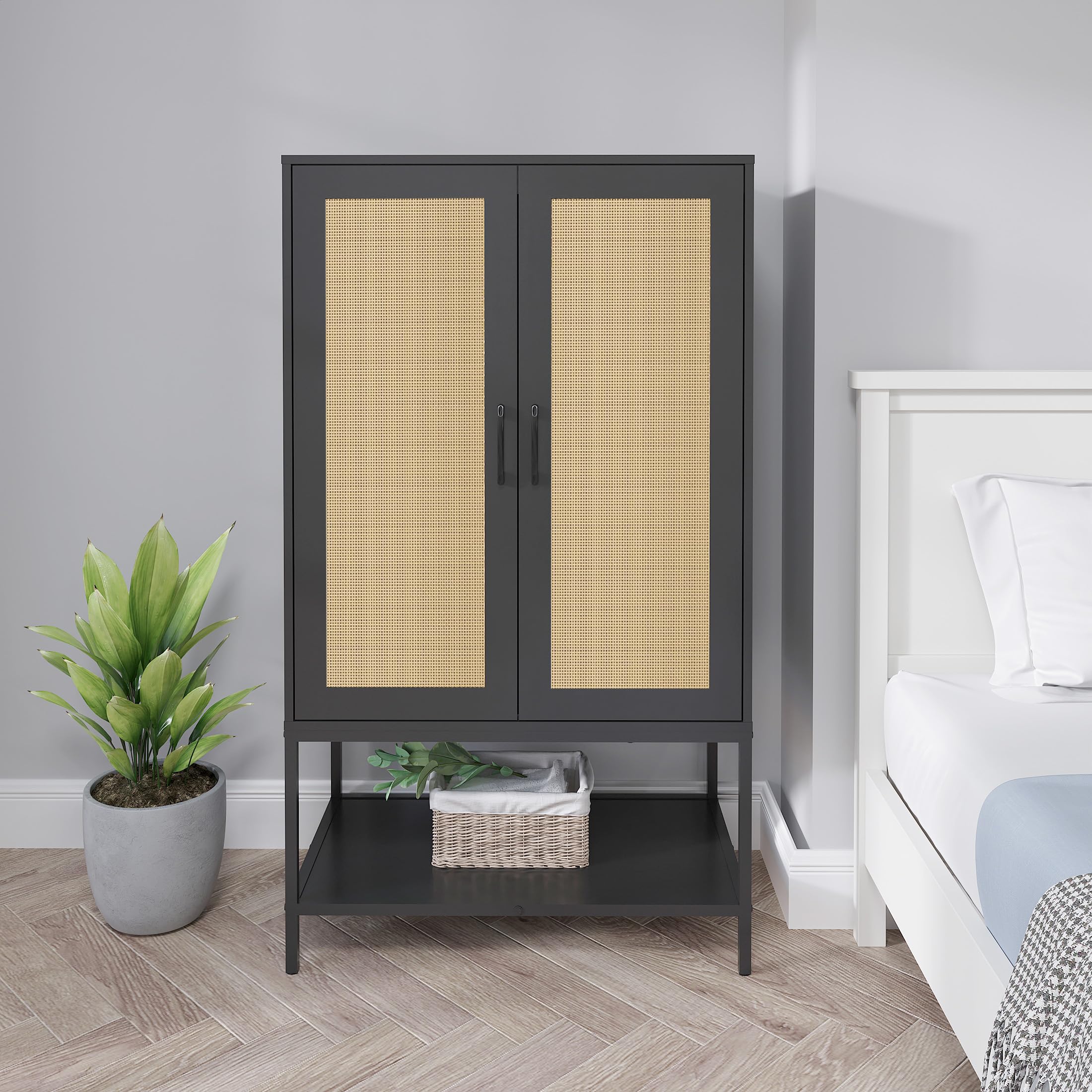 2-Door Rattan Wardrobe Closet with Hanging Rod & Shelves - Freestanding Wooden Armoire for Bedroom Storage & Organization | Perfect for Small Spaces, Apartments & Dorm Rooms (Black)
