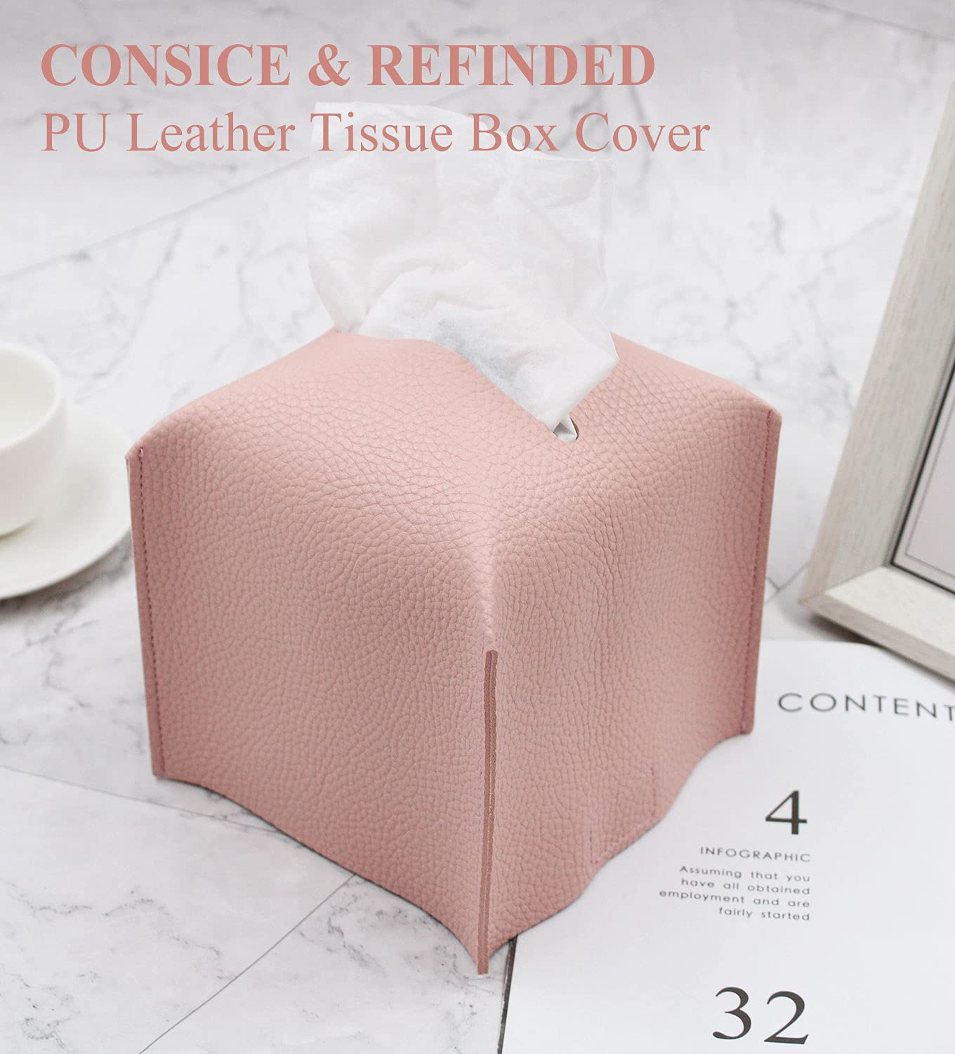 Livelab Square Tissue Box Cover - Modern PU Leather Tissue Holder for Facial Tissues & Paper Rolls | Decorative Bathroom Vanity, Nightstand & Office Desk Organizer (5x5x5 Inches, Pink) - Perfect for Home, Car & Office Use