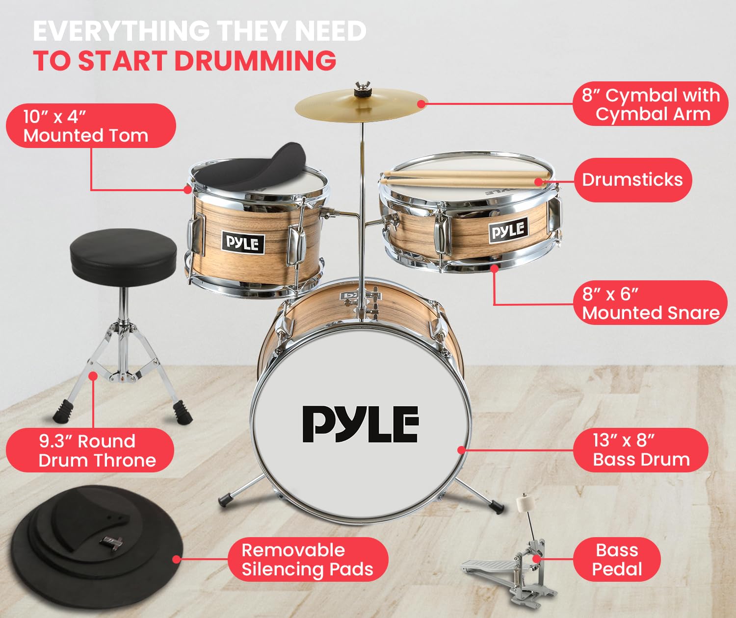 Pyle 3-Piece Kids Drum Set - Junior Beginner Drum Kit with 13