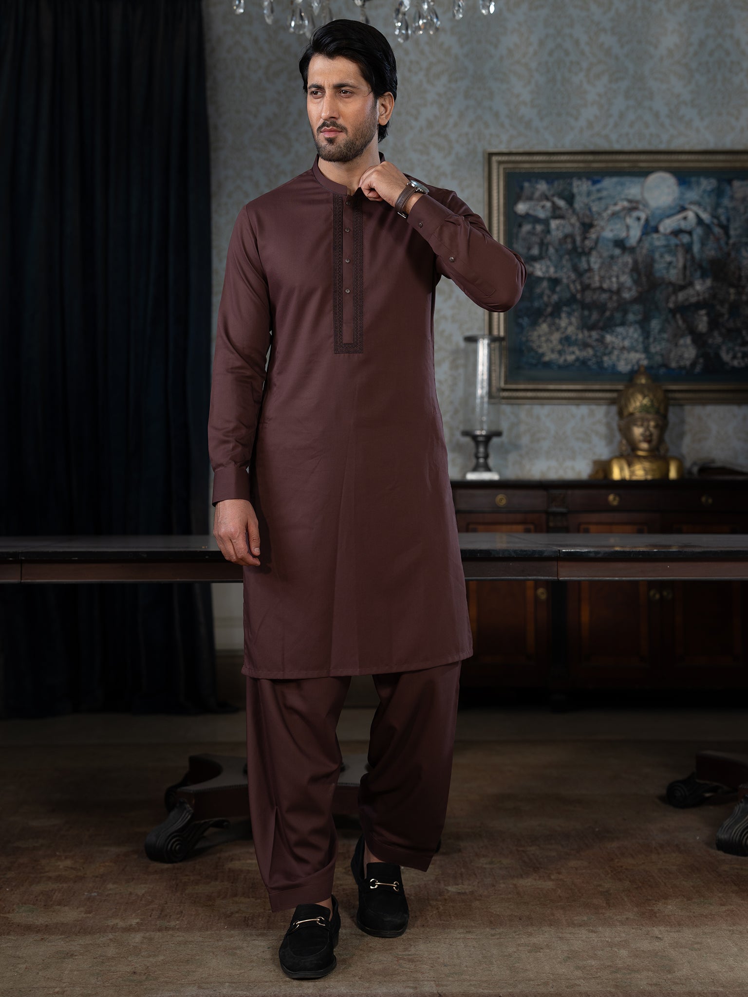 Blended Burberry Puce Kurta Trouser by J. Junaid Jamshed - Stylish Traditional Pakistani Outfit for Weddings & Festive Occasions