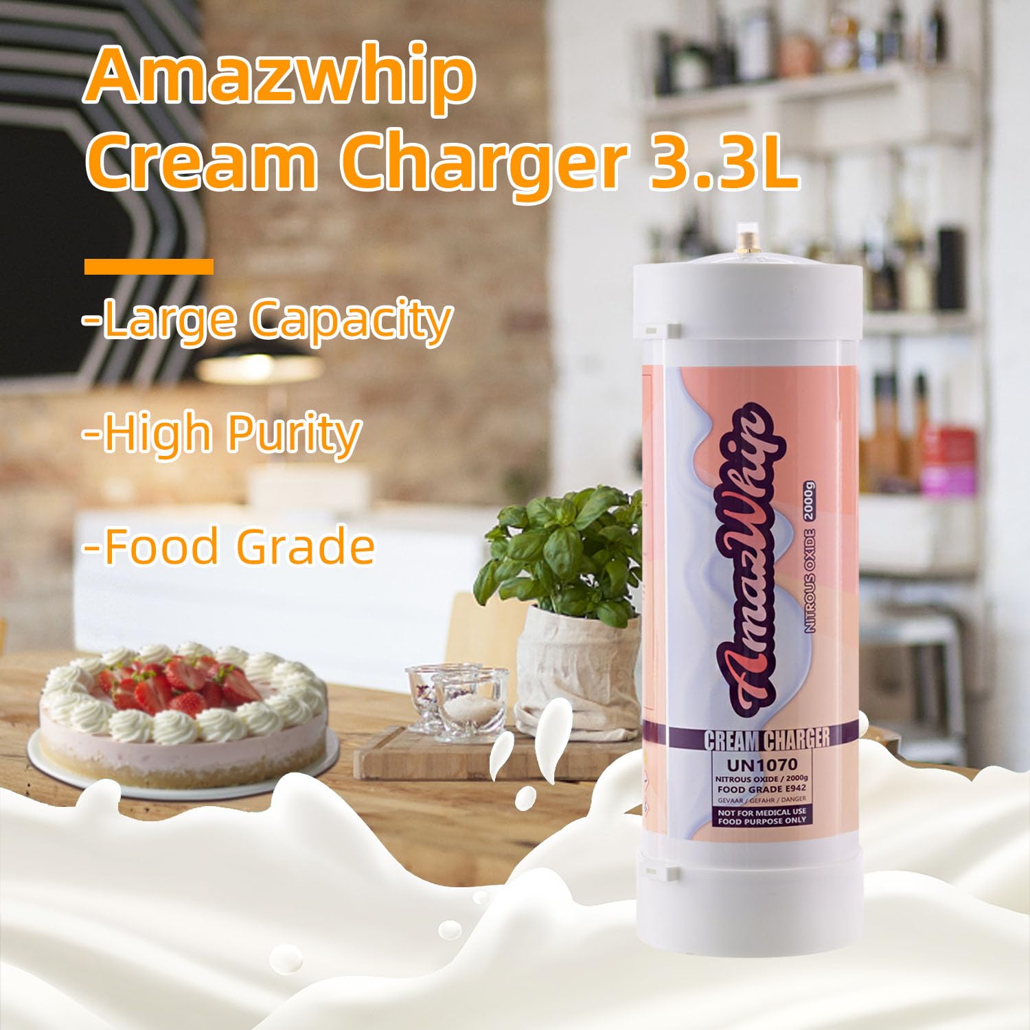 AmazWhip 3.3L Nitrous Oxide Cream Charger Cylinder (1 Pack) - Professional Whipped Cream Dispenser Refill for Desserts, Coffee & Baking