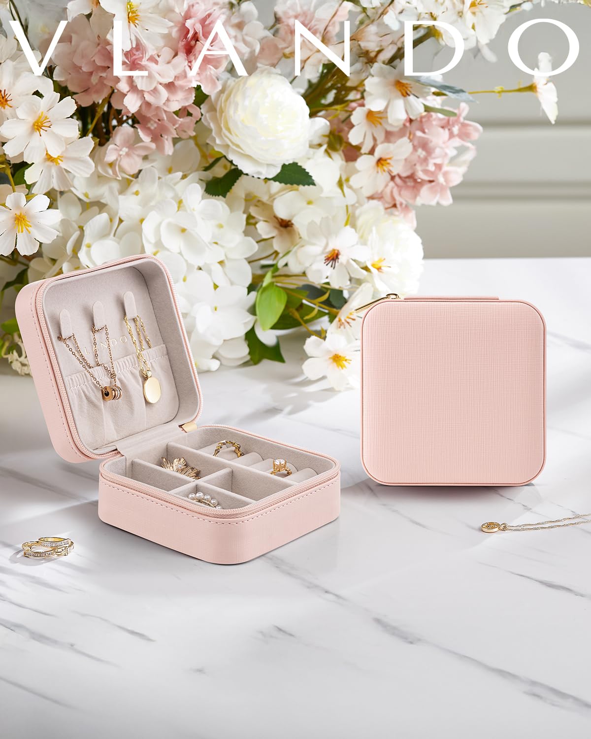 Vlando Pink Travel Jewelry Organizer Box - Portable Jewelry Case for Women & Girls, Perfect for Travel, Gifts, Christmas & Daily Storage | Compact & Stylish Jewelry Holder for Necklaces, Rings & Earrings